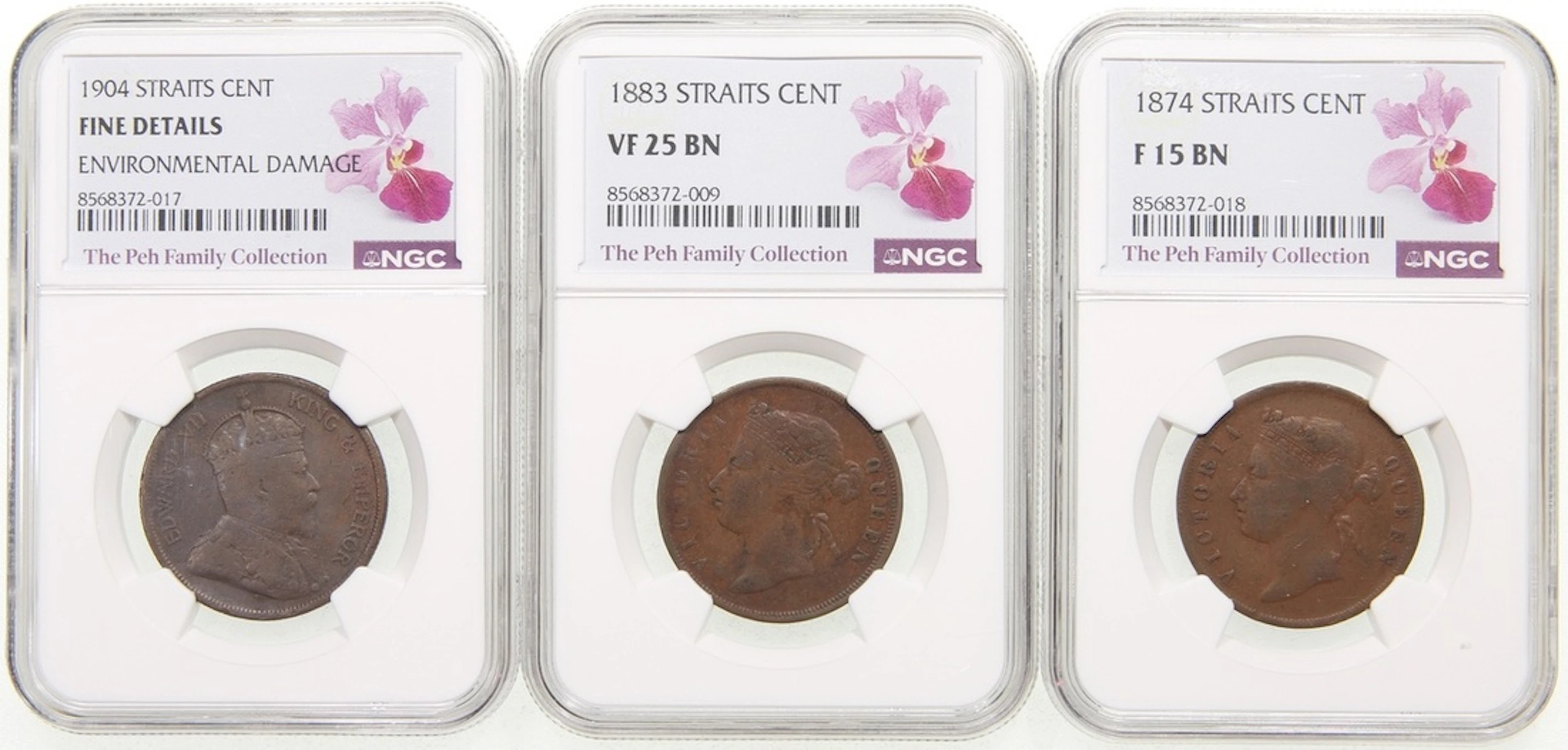 Straits Settlements, 1 cent (3), 1874, 1883, 1904
