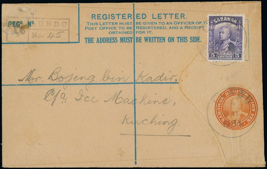 Sarawak Postal Stationery Registered Envelopes 1934 15c. 1934 (1 May)