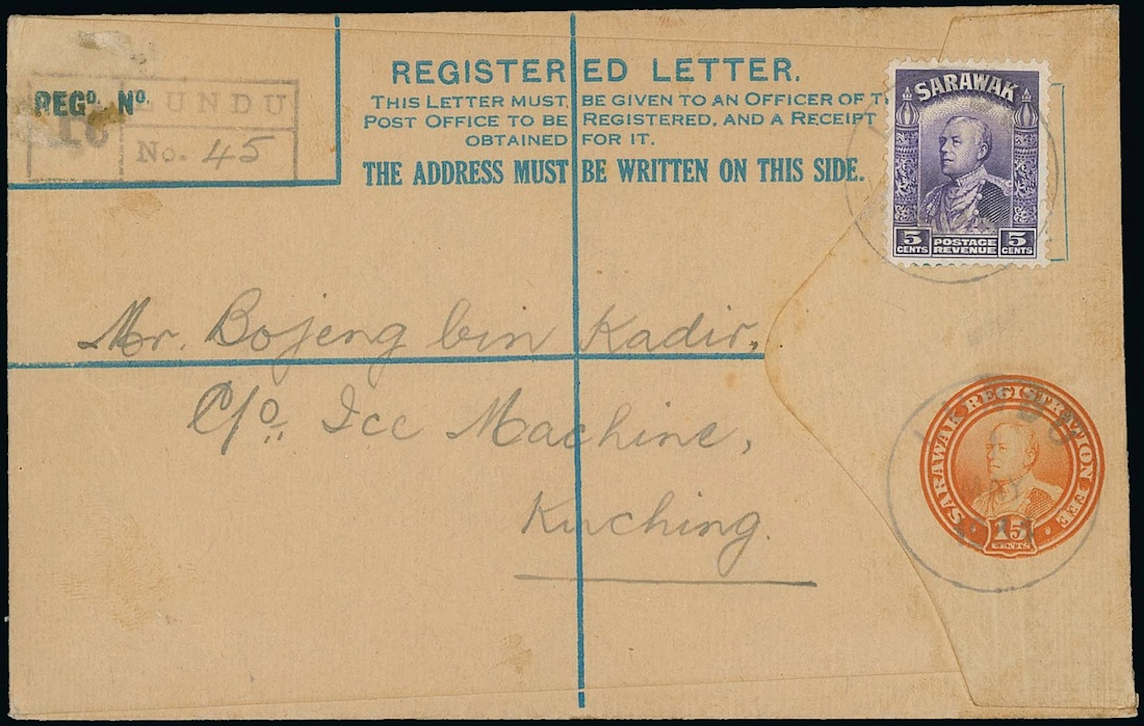 Sarawak Postal Stationery Registered Envelopes 1934 15c. 1934 (1 May)