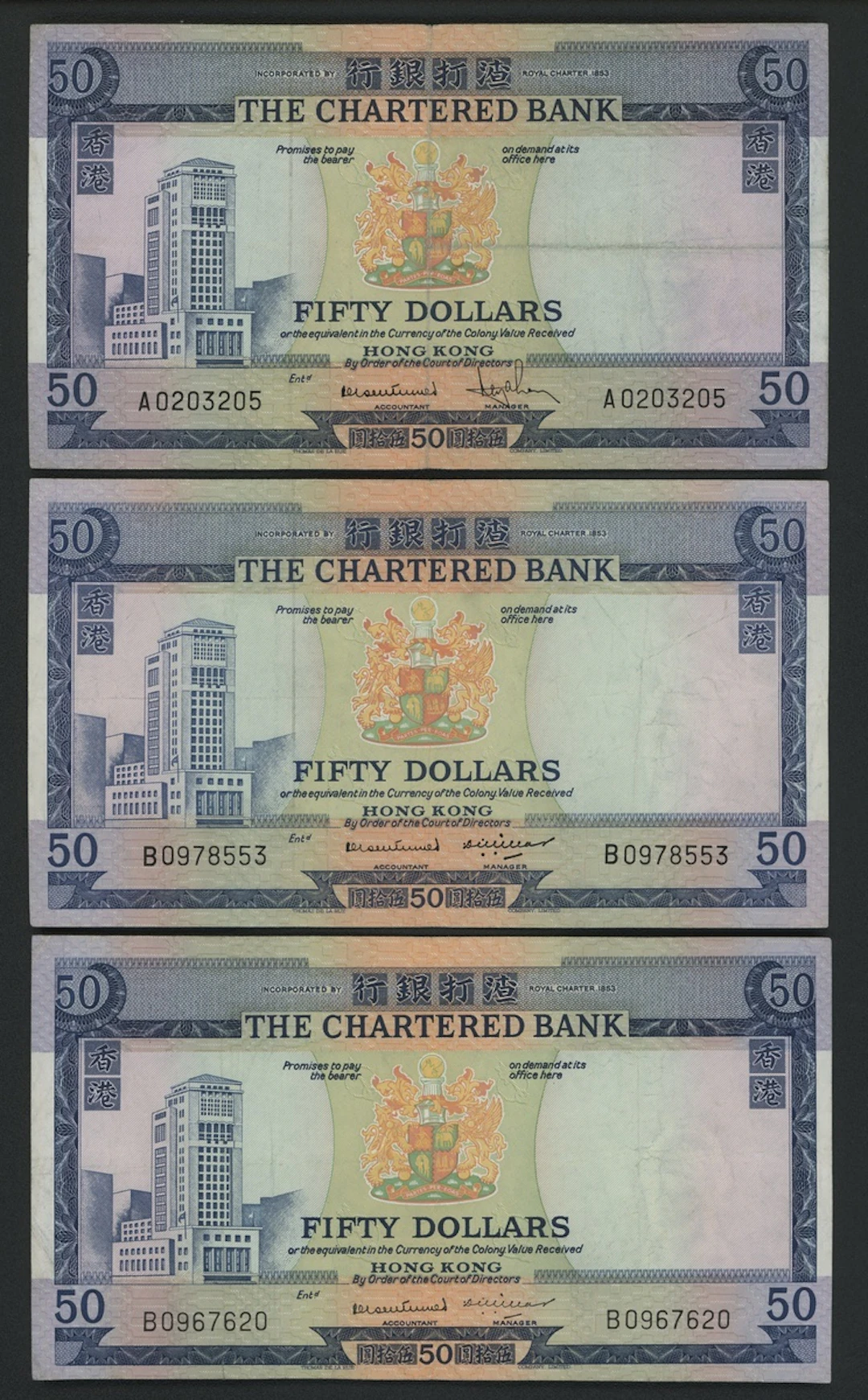 Chartered Bank, Hong Kong, $50 (3), ND (1970), prefixes A, B (2), (Pick 75)