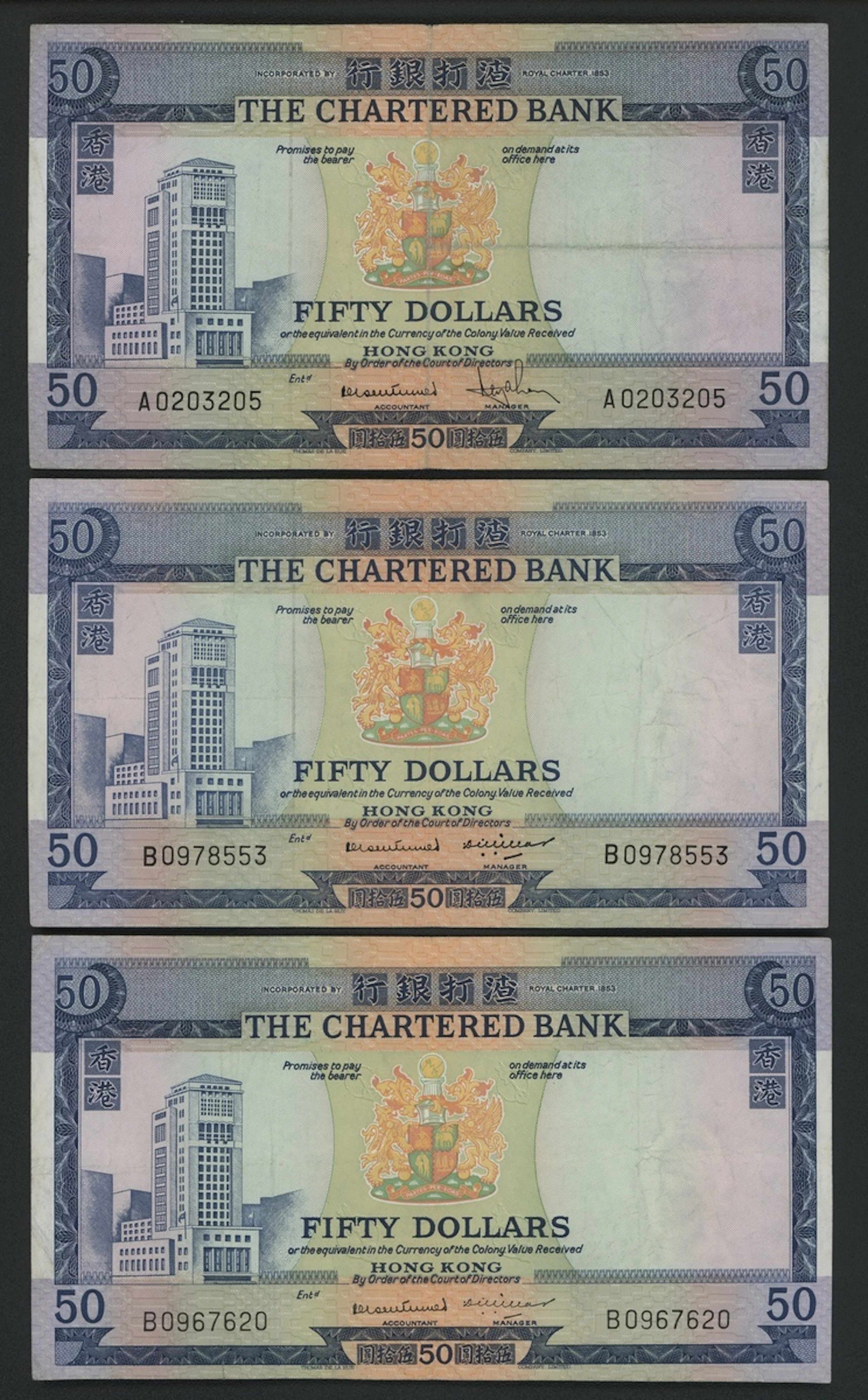 Chartered Bank, Hong Kong, $50 (3), ND (1970), prefixes A, B (2), (Pick 75)