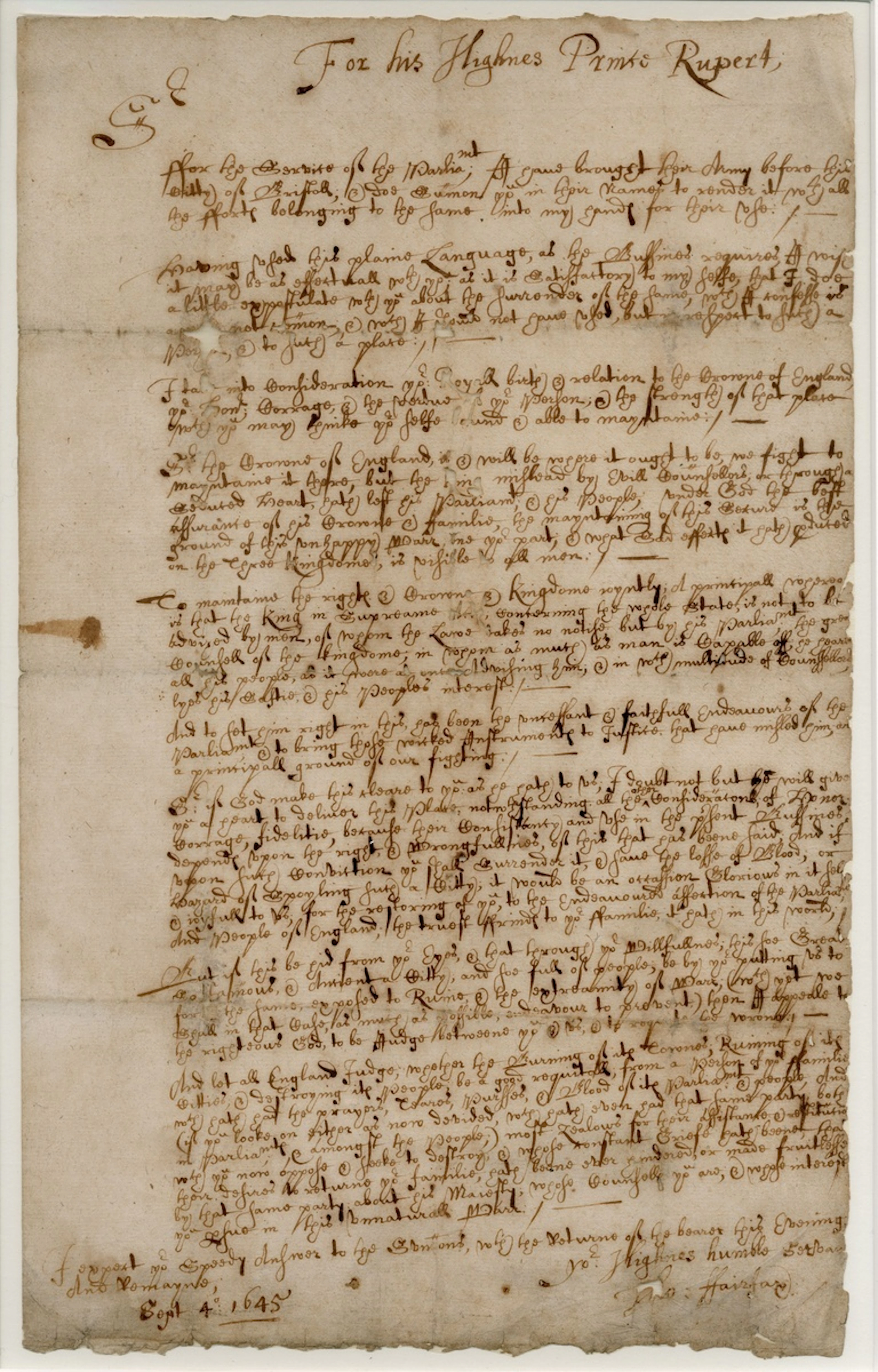 The Siege of Bristol, 1645 1645 (4 Sept.), a retained copy letter
