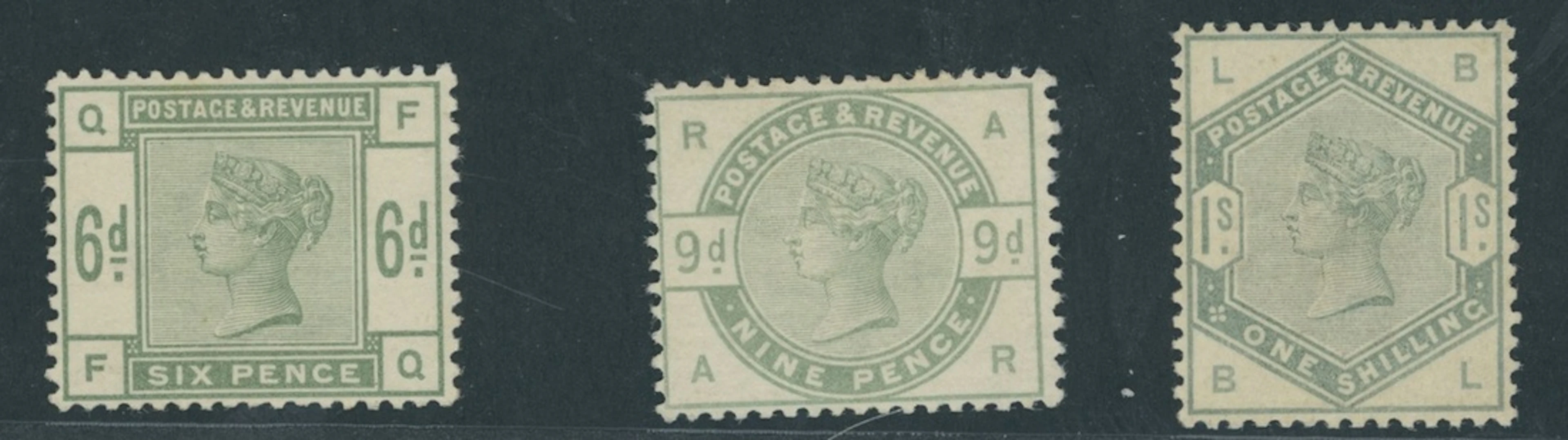 Great Britain 1883 or 1884 6d., 9d. and 1/- dull green, all superb