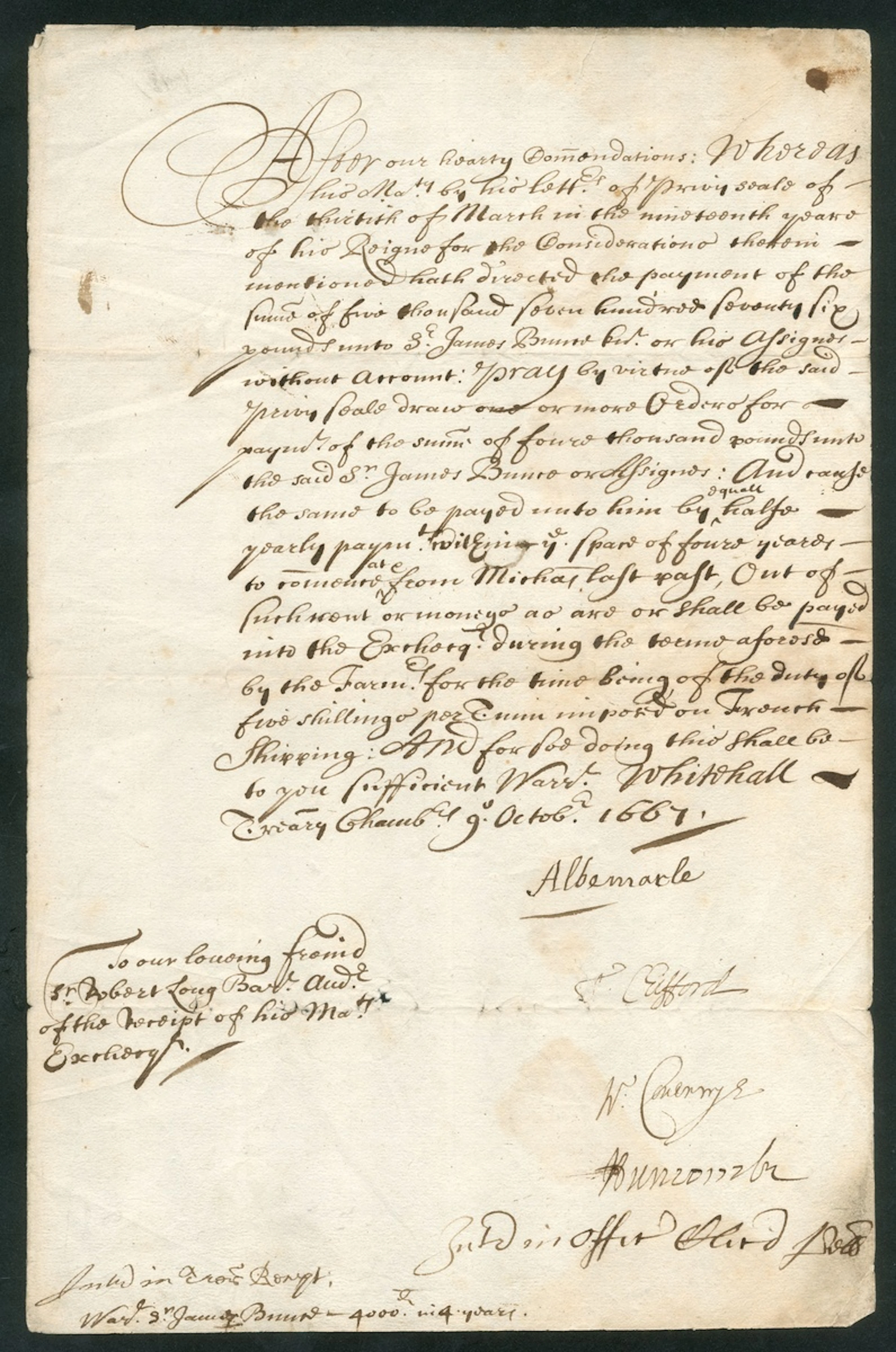 England Treasury Warrant signed by Albemarle 1697 A treasury warrant