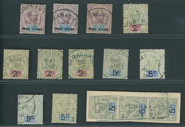 Sarawak 1889-92 Provisionals A used group comprising 1c. (Type 5)