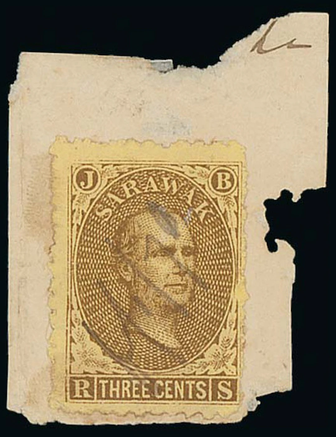 Sarawak 1869 Sir James Brooke Issued Stamps 3c. brown on yellow affixed