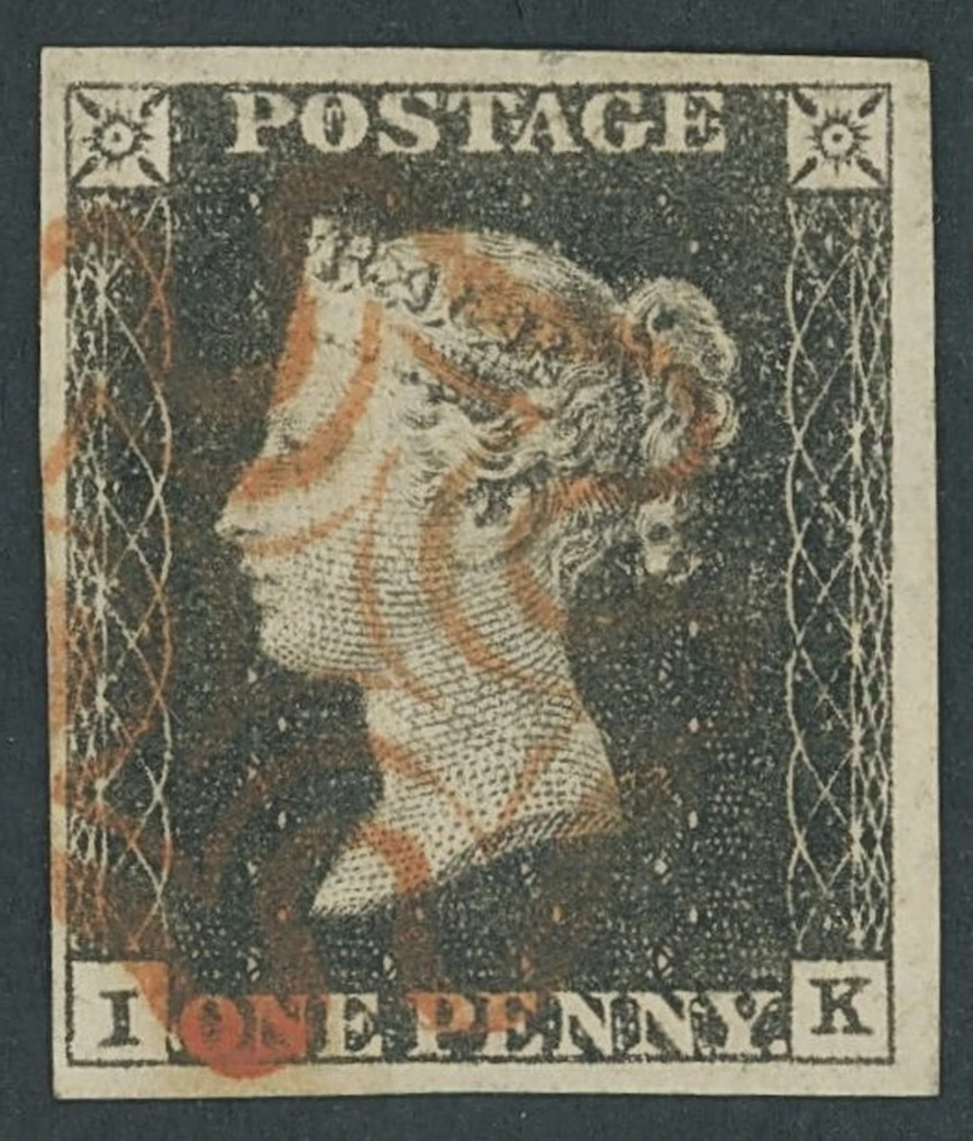 Great Britain 1840 One Penny Black Plate 1a IK, watermark inverted