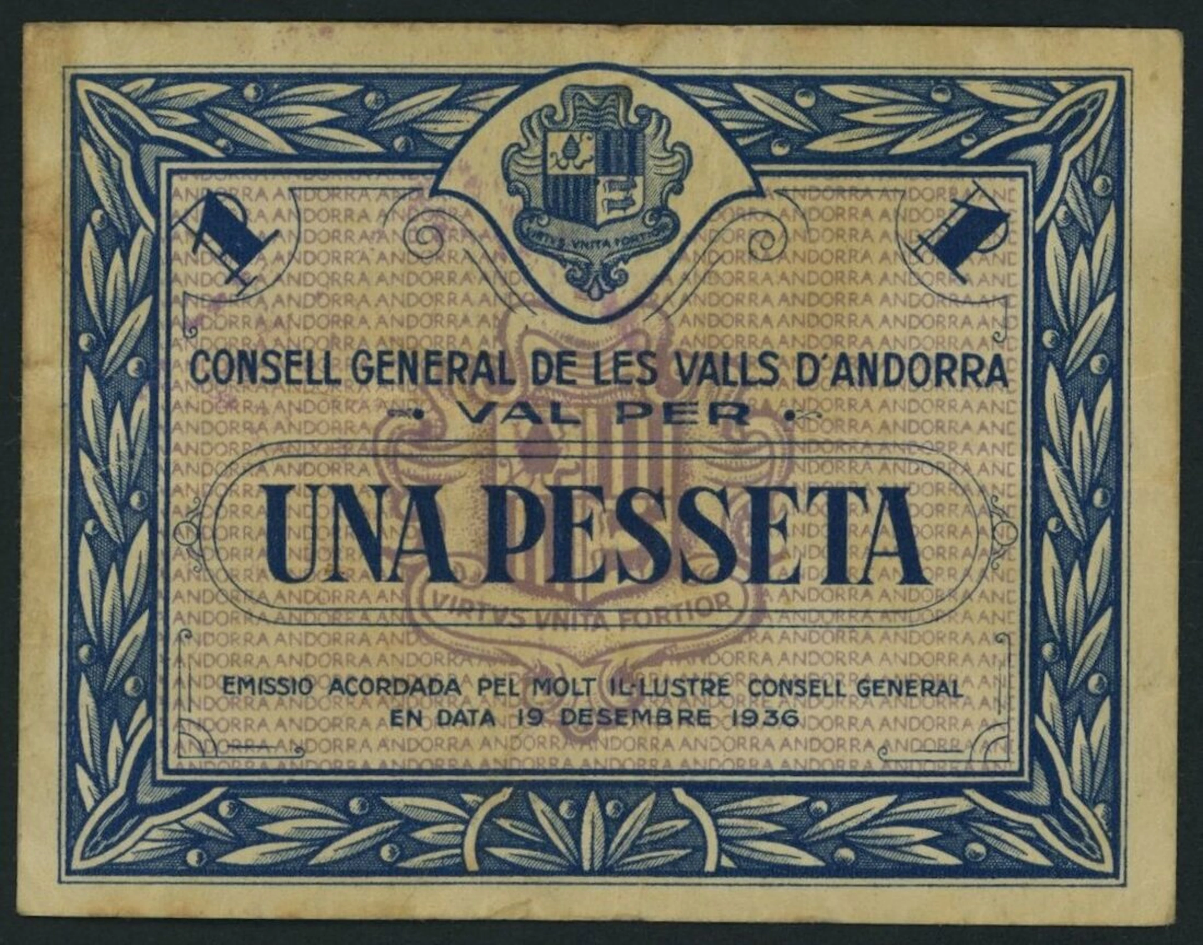 Consell General de les Valls, Andorra, 1 Pesseta, 19th December 1936