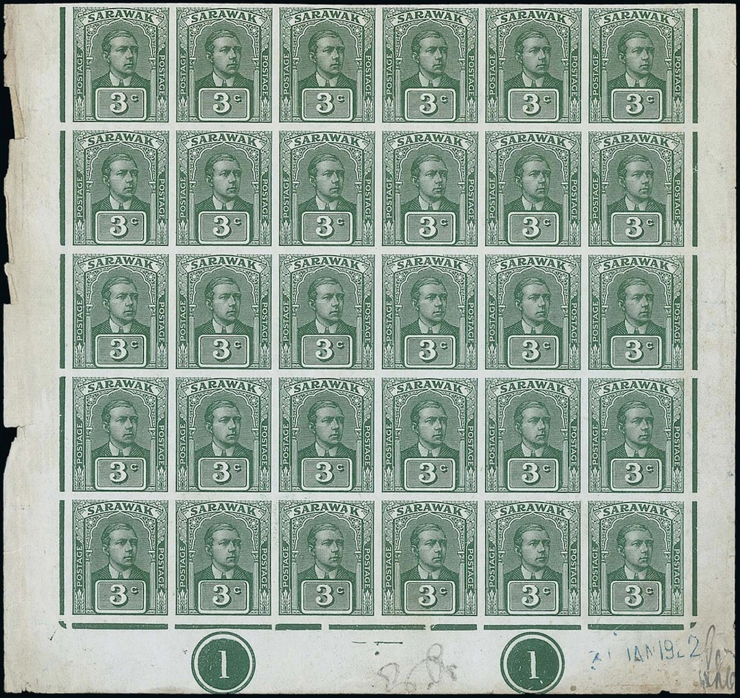 Sarawak 1922-23 New Colours and Values Imperforate Plate Proofs 3c.