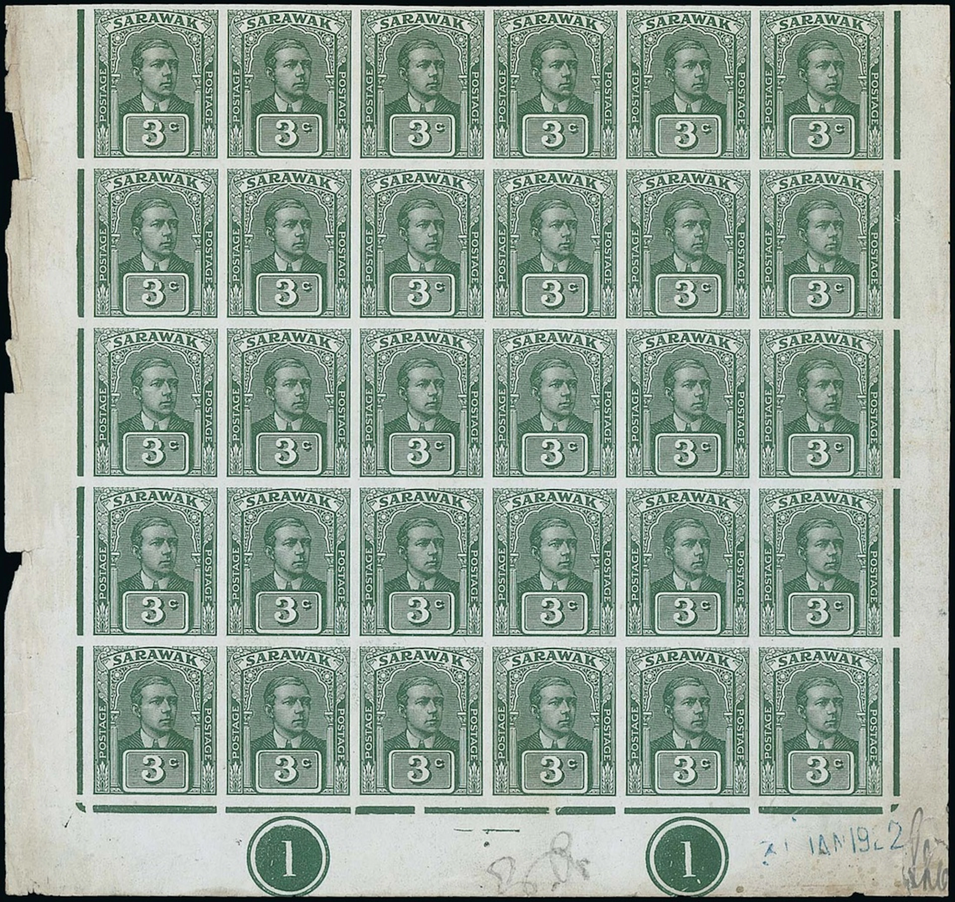Sarawak 1922-23 New Colours and Values Imperforate Plate Proofs 3c.