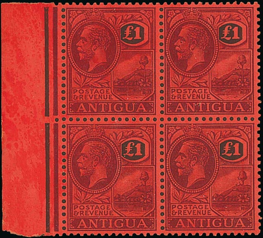 Antigua 1922 MCA £1 purple and black on red block of four with margin