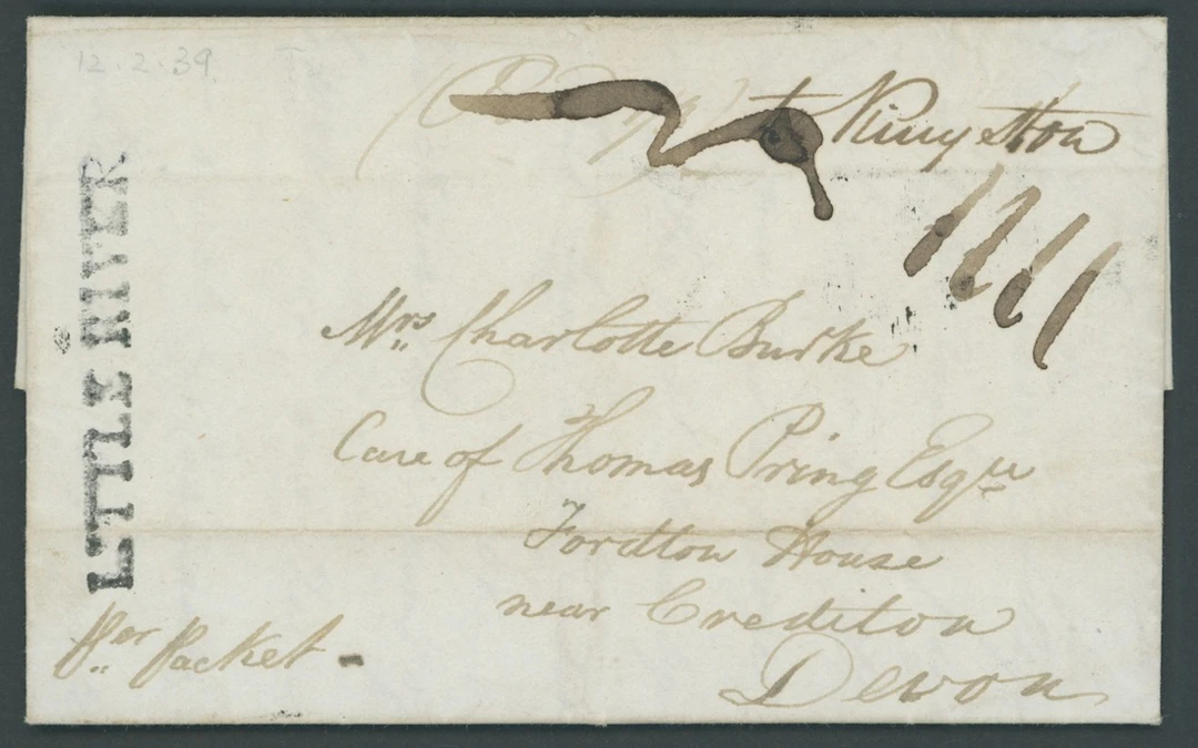 Jamaica The Post Town Straight-Line Handstamps 1839 (12 Feb.) entire