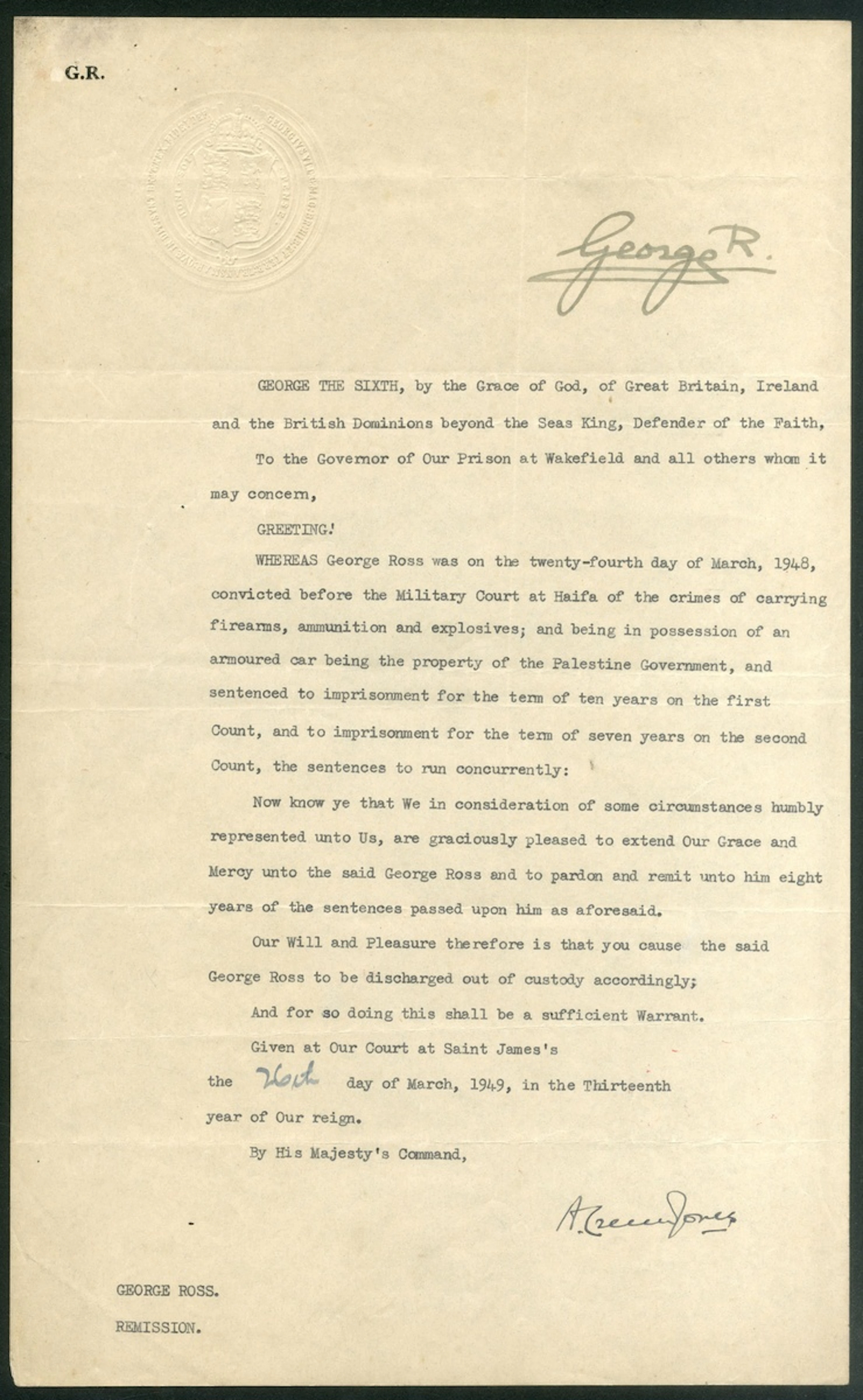 Great Britain / Palestine Royalty King George VI 1949 Remission of