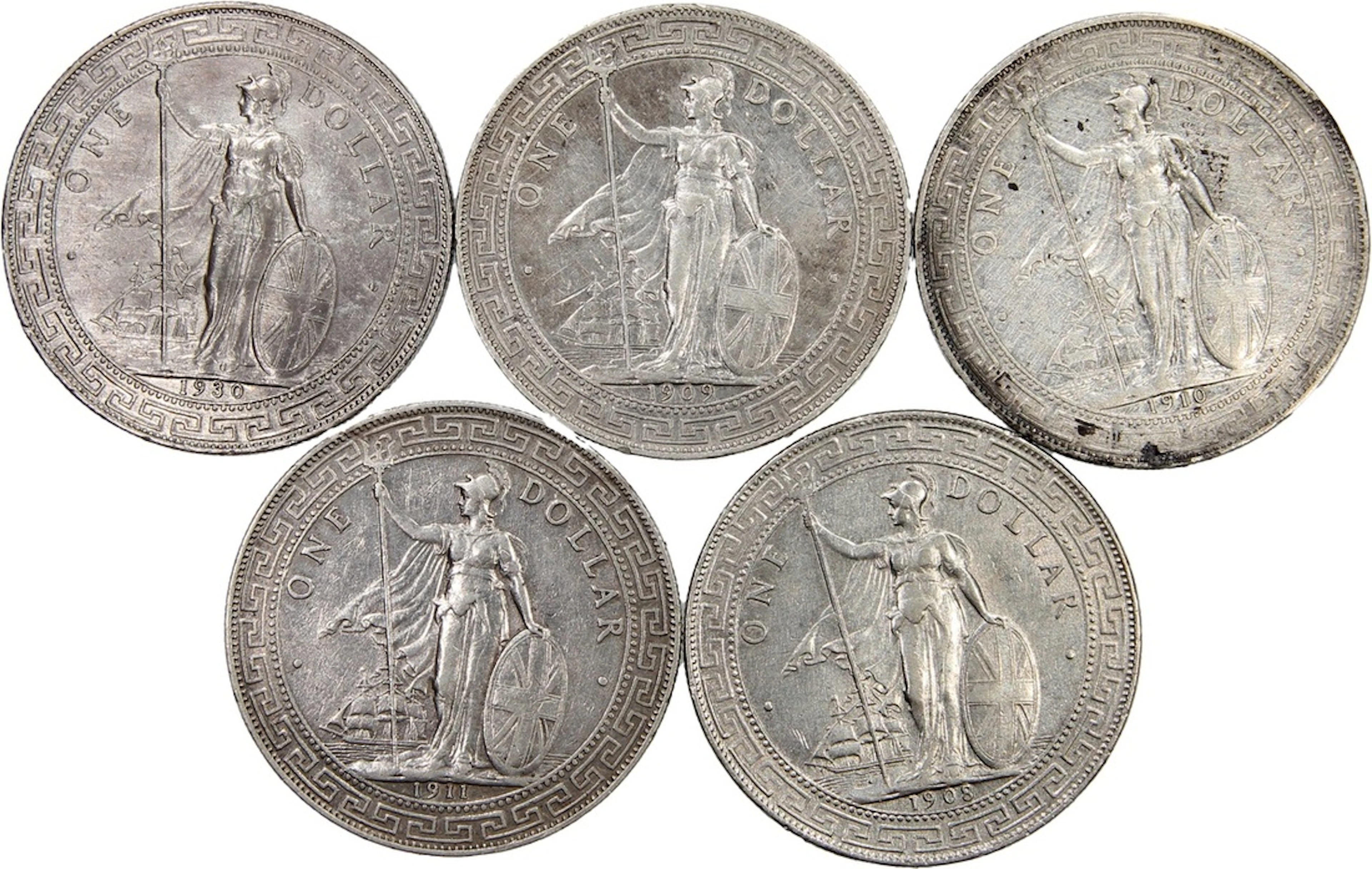 Great Britain, Trade Dollar (5), 1908, 1909, 1910, 1911, 1930 total