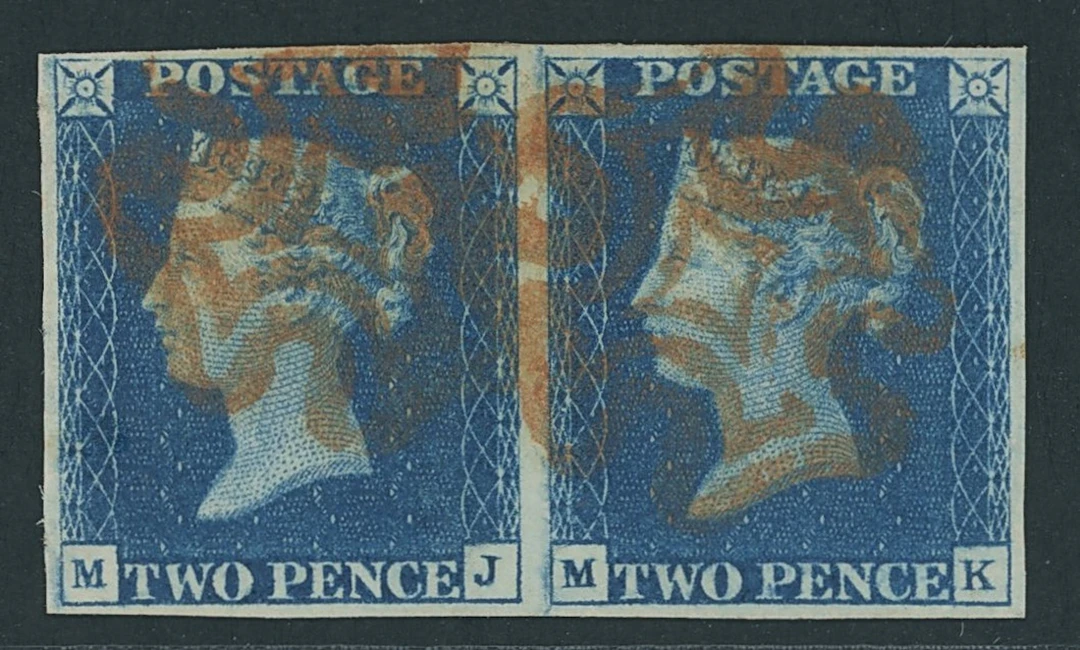 Great Britain 1840 Two Pence Blue Plate 2 MJ-MK horizontal pair cancelled
