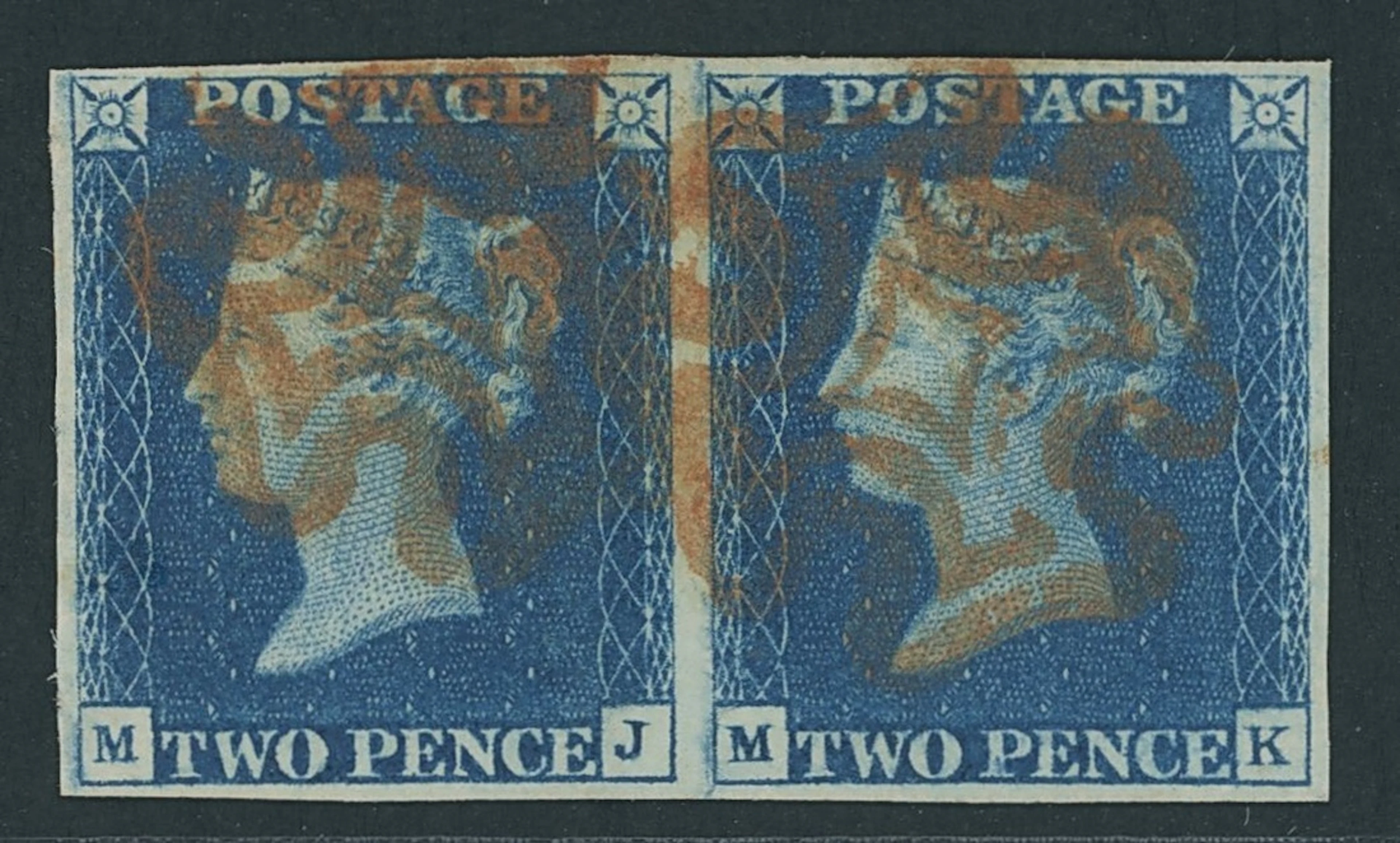 Great Britain 1840 Two Pence Blue Plate 2 MJ-MK horizontal pair cancelled