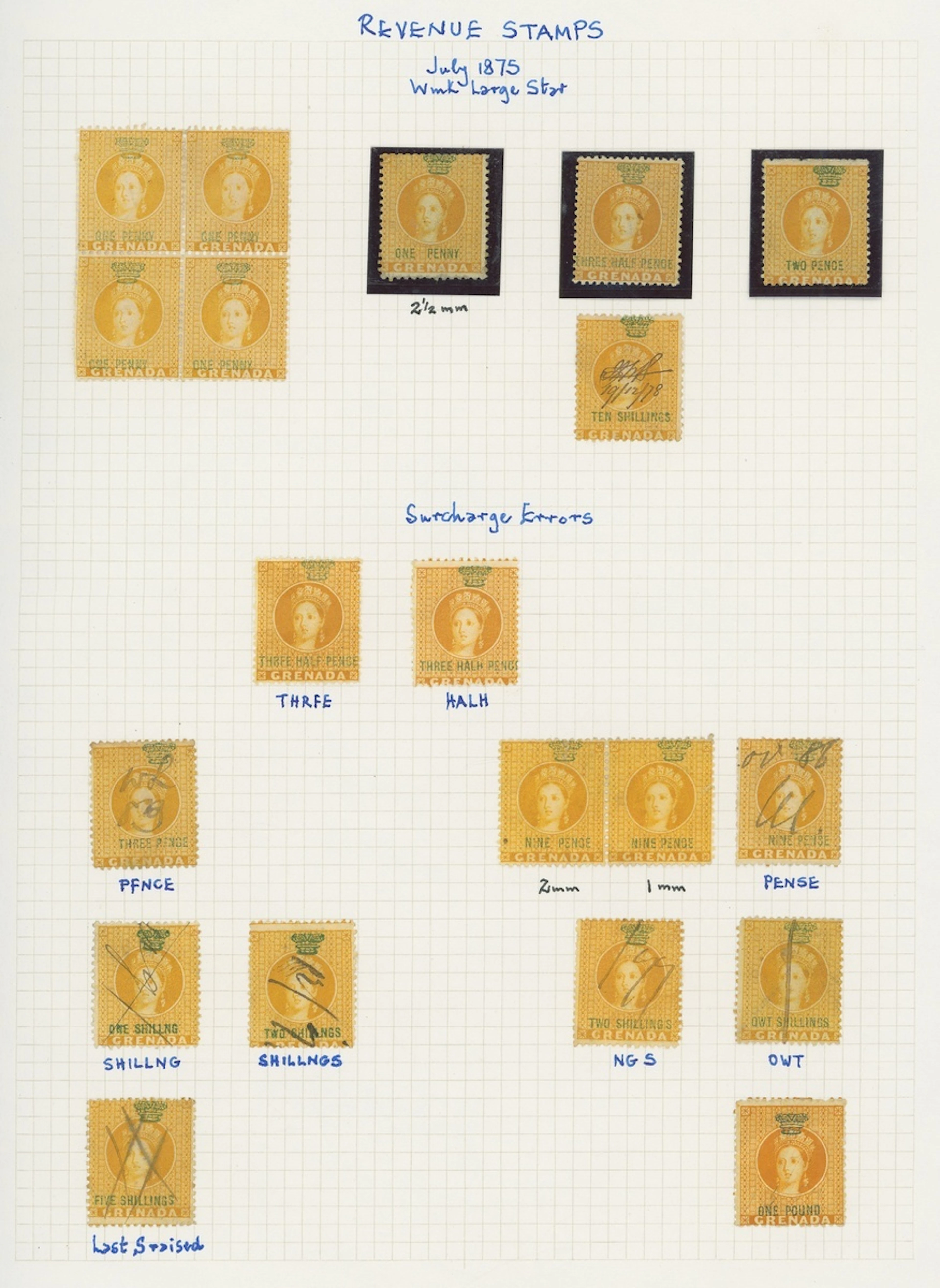 Grenada Revenue Stamps A mainly pen-cancelled collection including