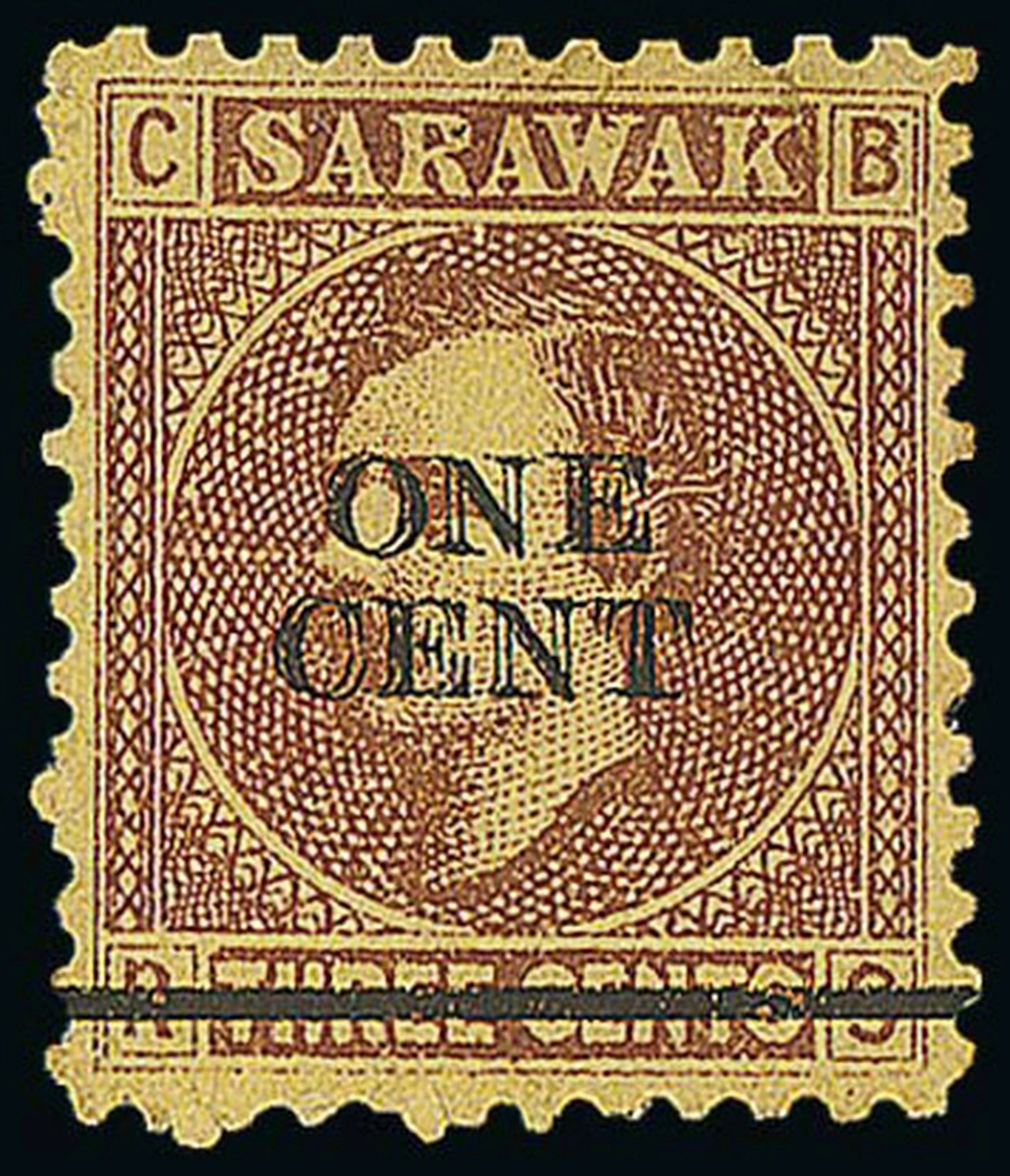 Sarawak 1892 (23 May) 1c. on 3c. Provisional "one/cent" on 3c. brown