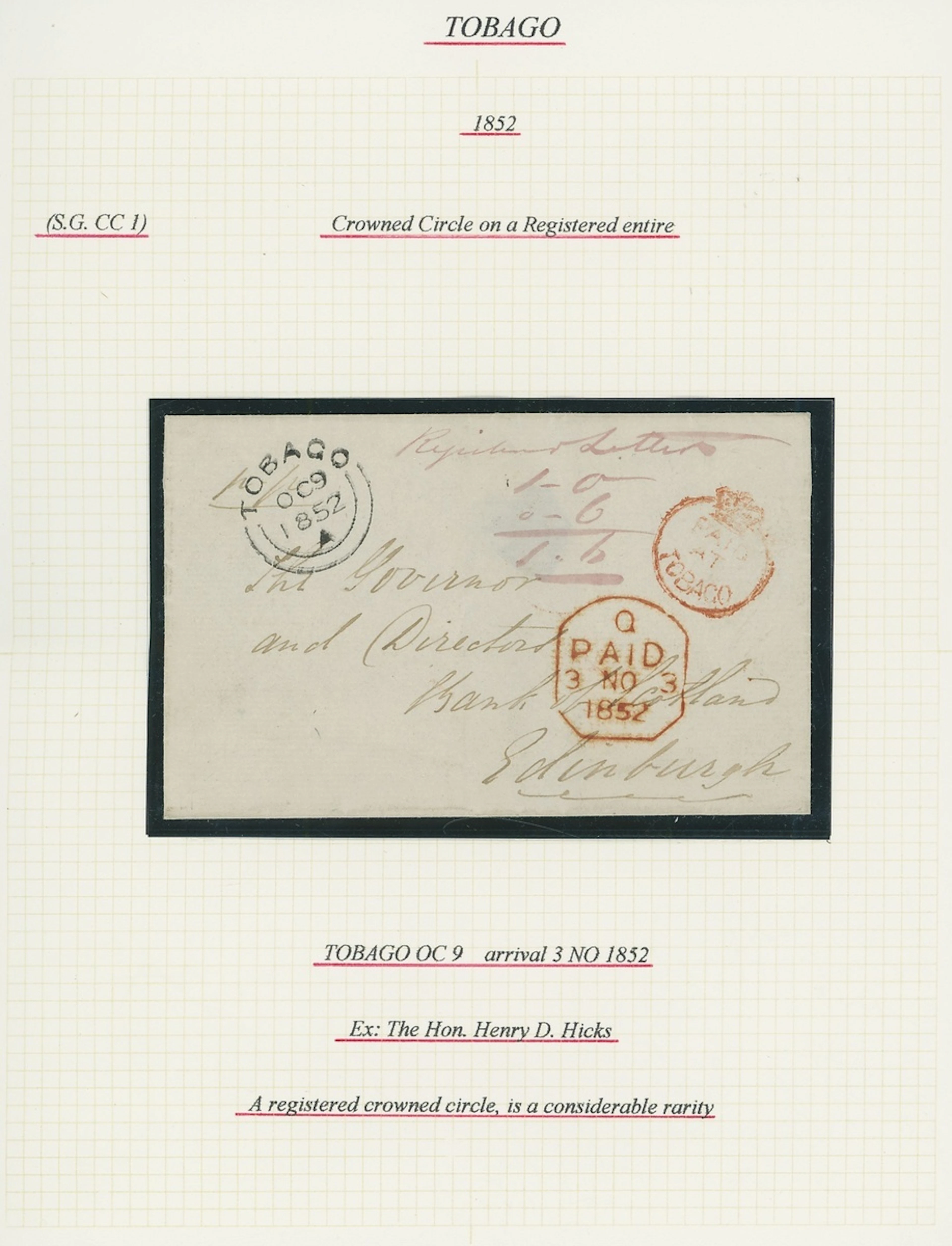 Tobago 1852 (9 Oct.) entire to Edinburgh, marked "Registered Letter"
