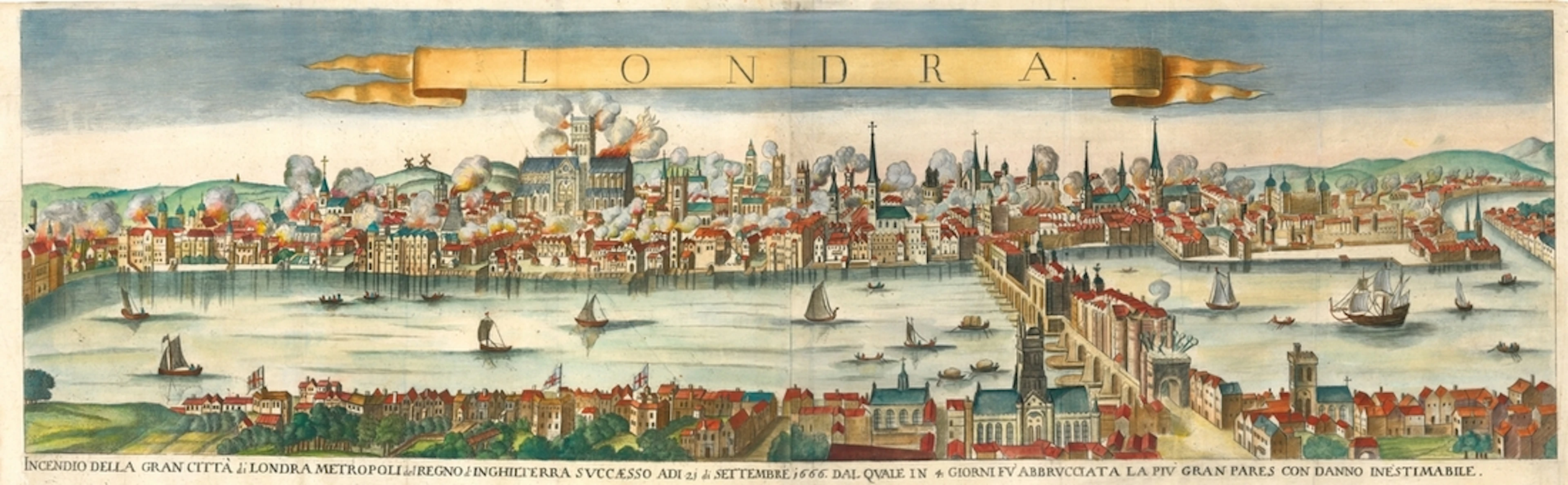 LARGE RARE PANORAMA OF LONDON, DEPICTING THE GREAT FIRE OF 1666