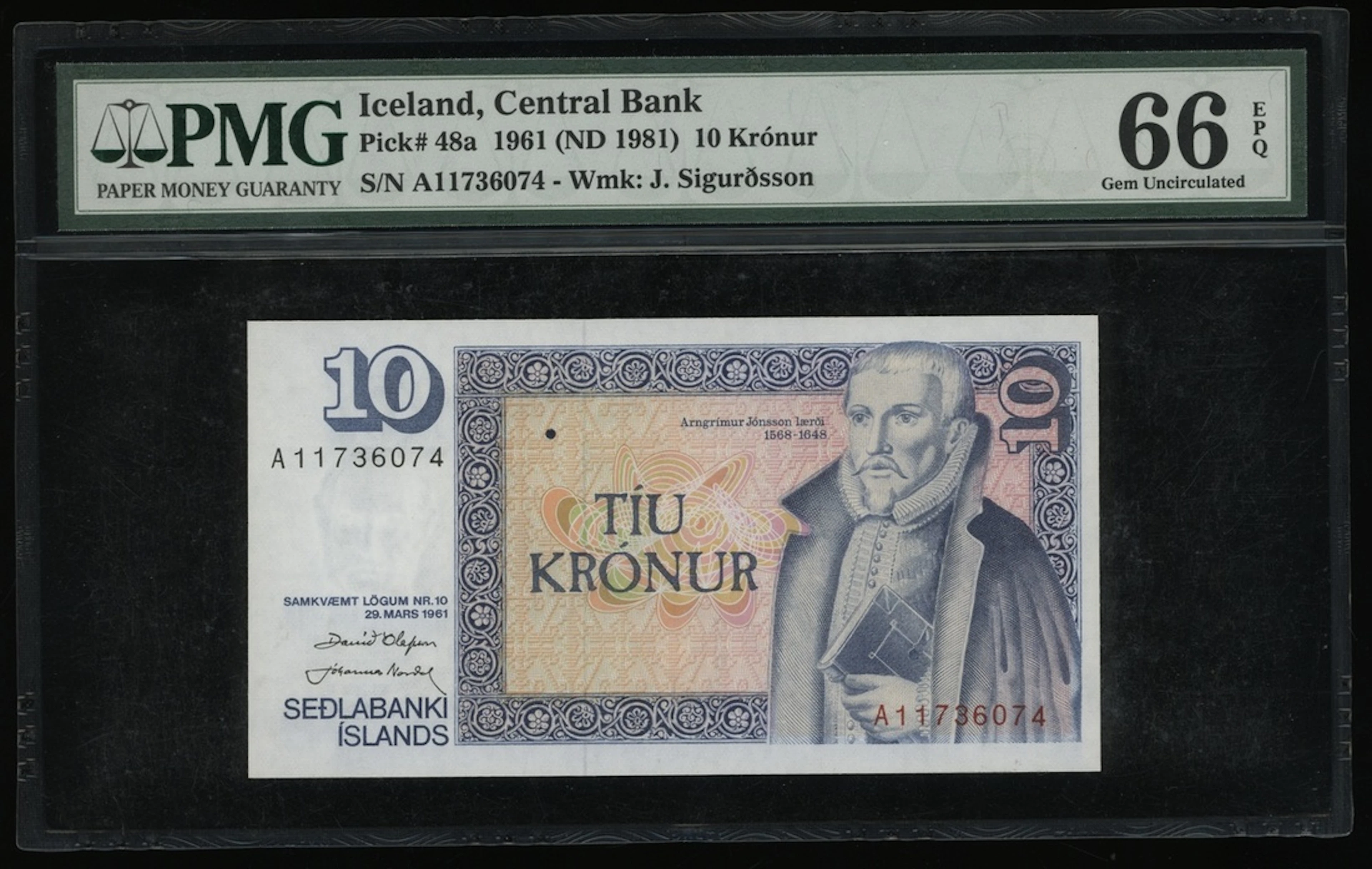 Central Bank of Iceland, 10 kronur, ND (1981), serial number A11736074