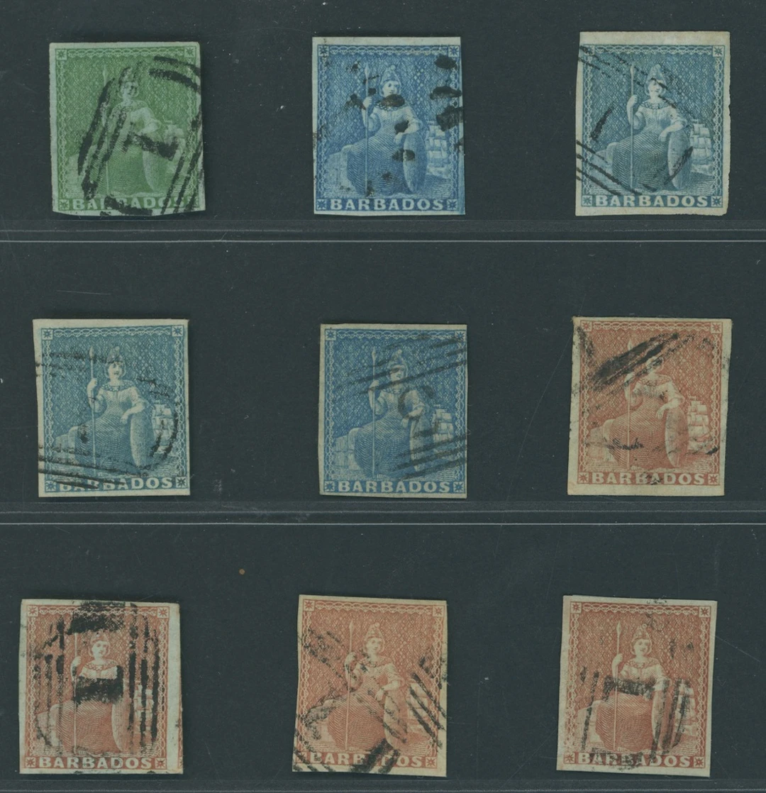 Barbados Britannia Issues 1852-55 blued paper, imperf (½d.) yellow-green