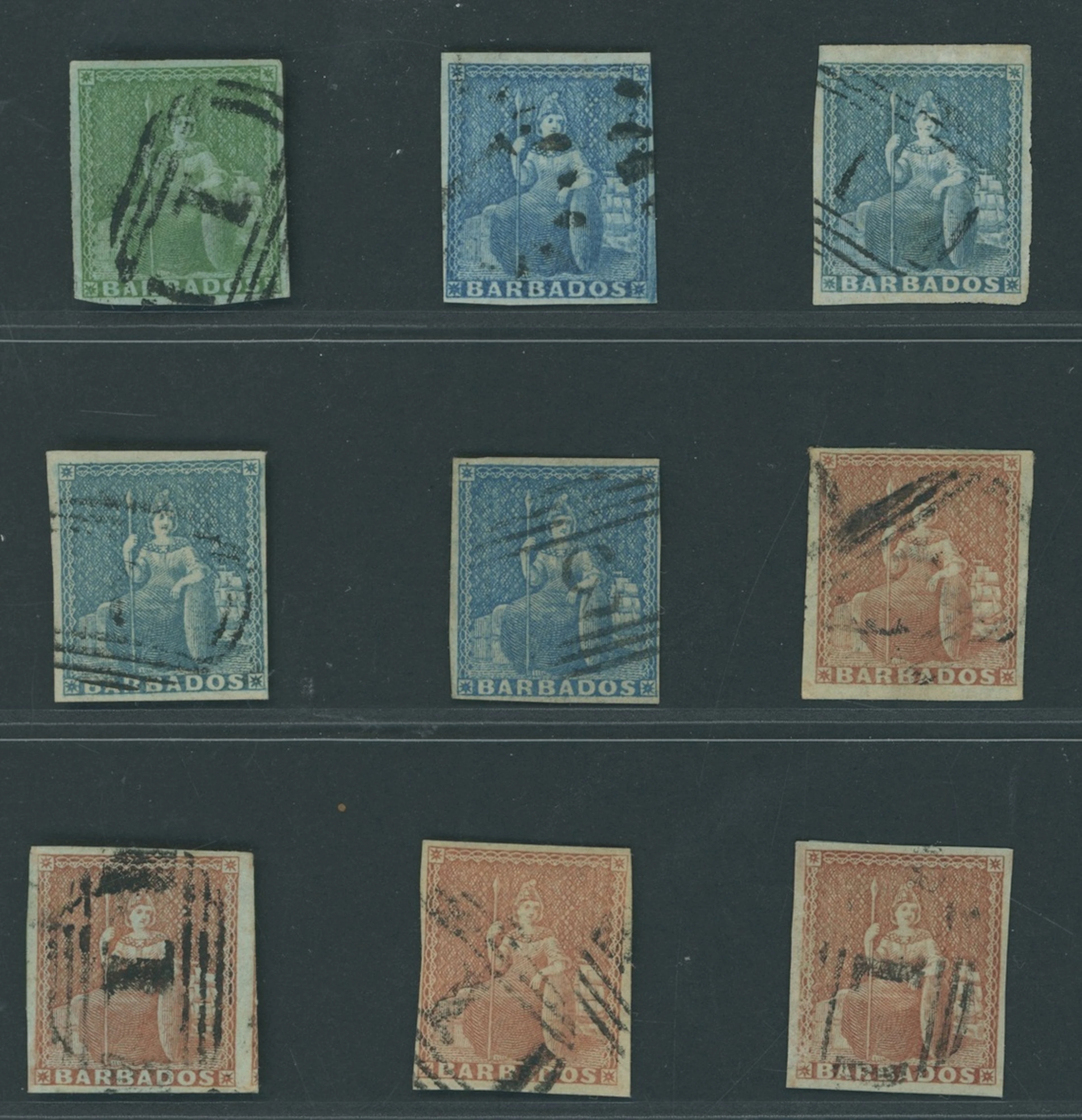 Barbados Britannia Issues 1852-55 blued paper, imperf (½d.) yellow-green