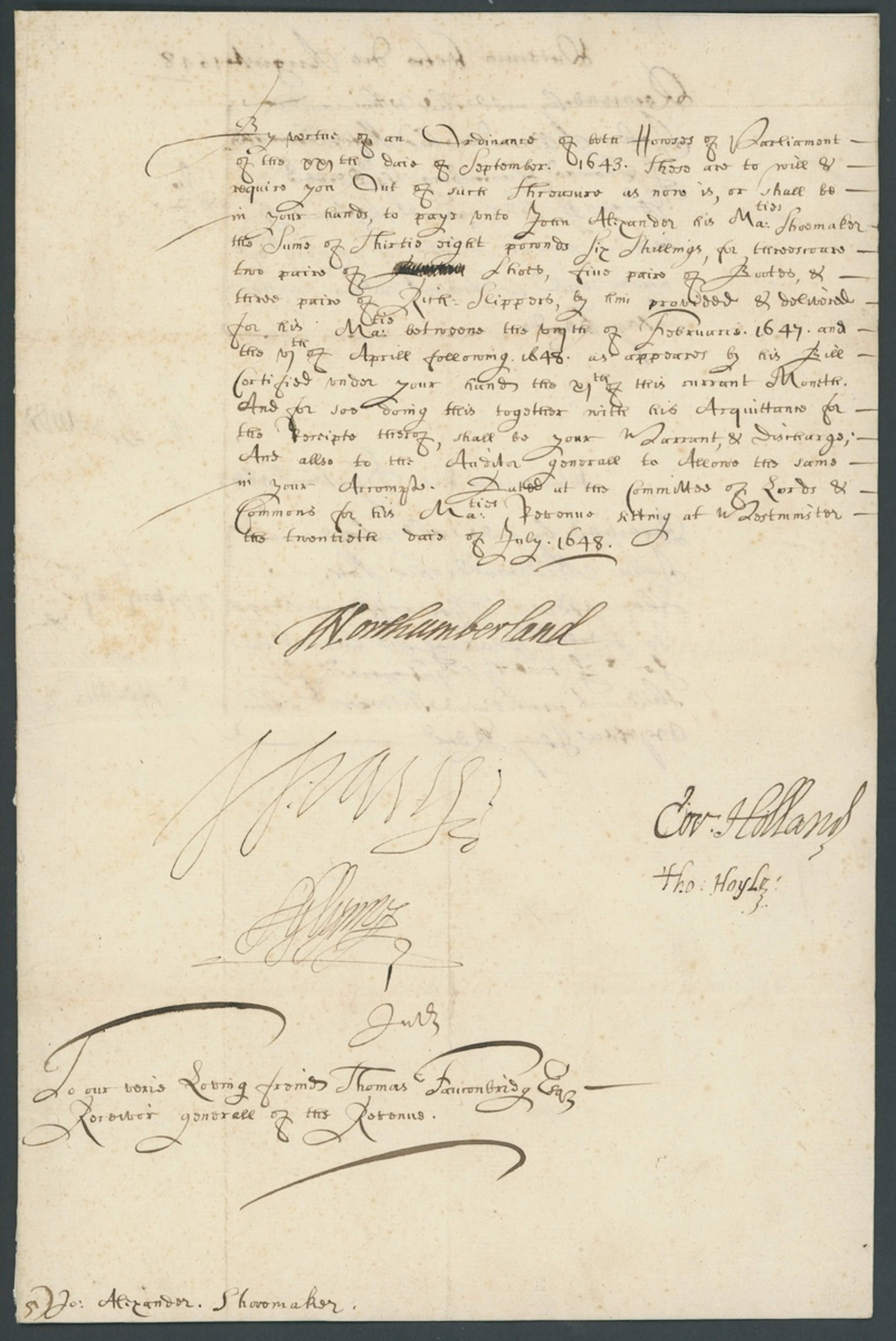 King Charles I's Shoes 1648 (20 July) warrant ordering the payment