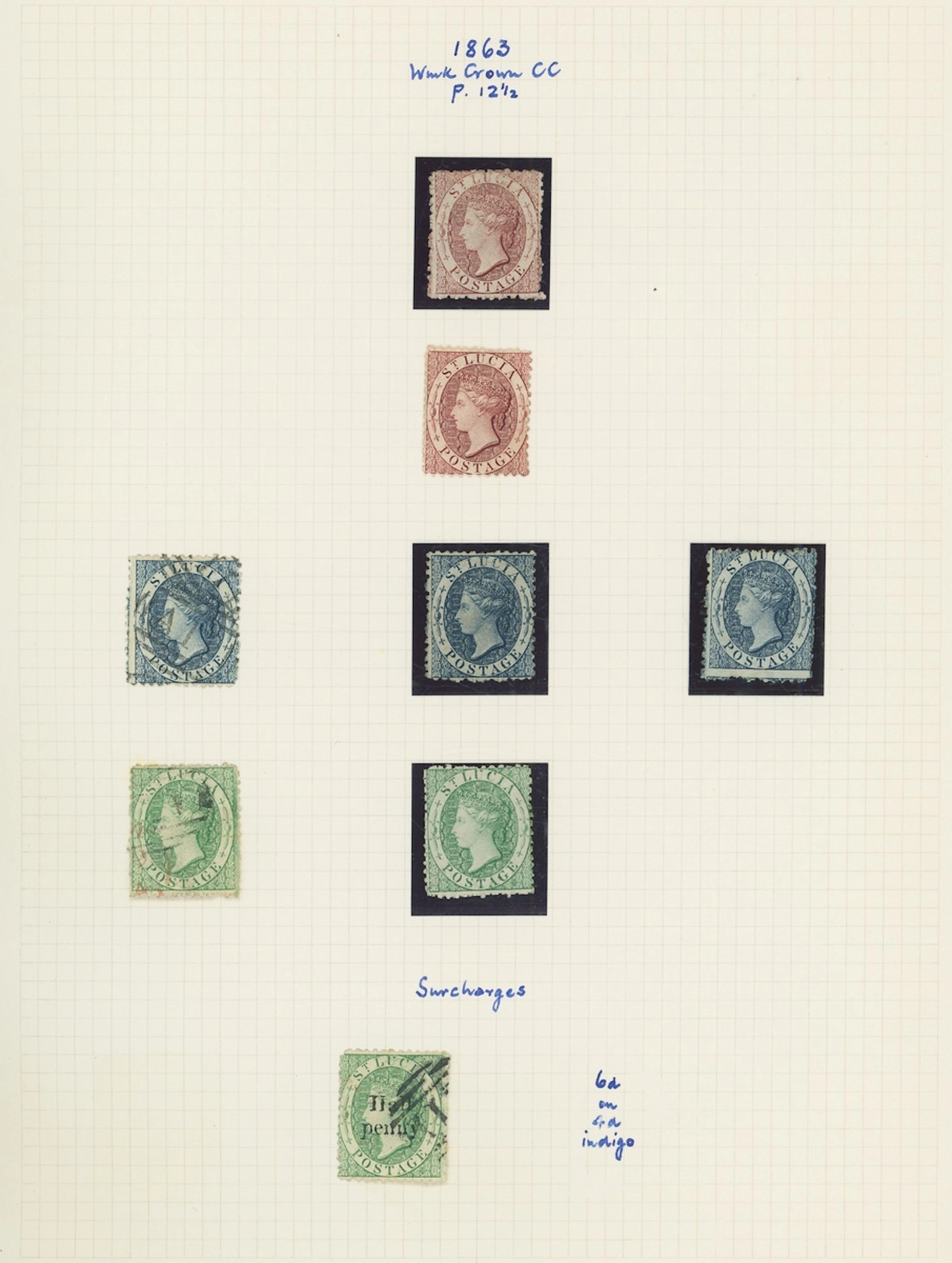St. Lucia 1863 CC, perf 12½ 1d. lake, 1d. brownish lake, 4d. (3, one