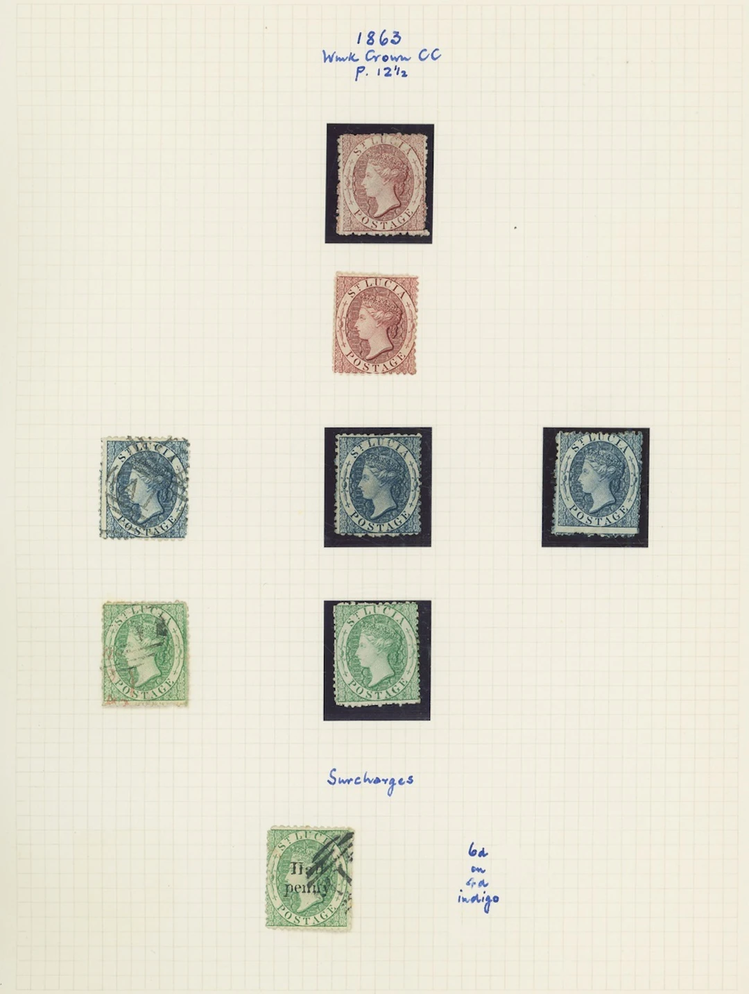 St. Lucia 1863 CC, perf 12½ 1d. lake, 1d. brownish lake, 4d. (3, one