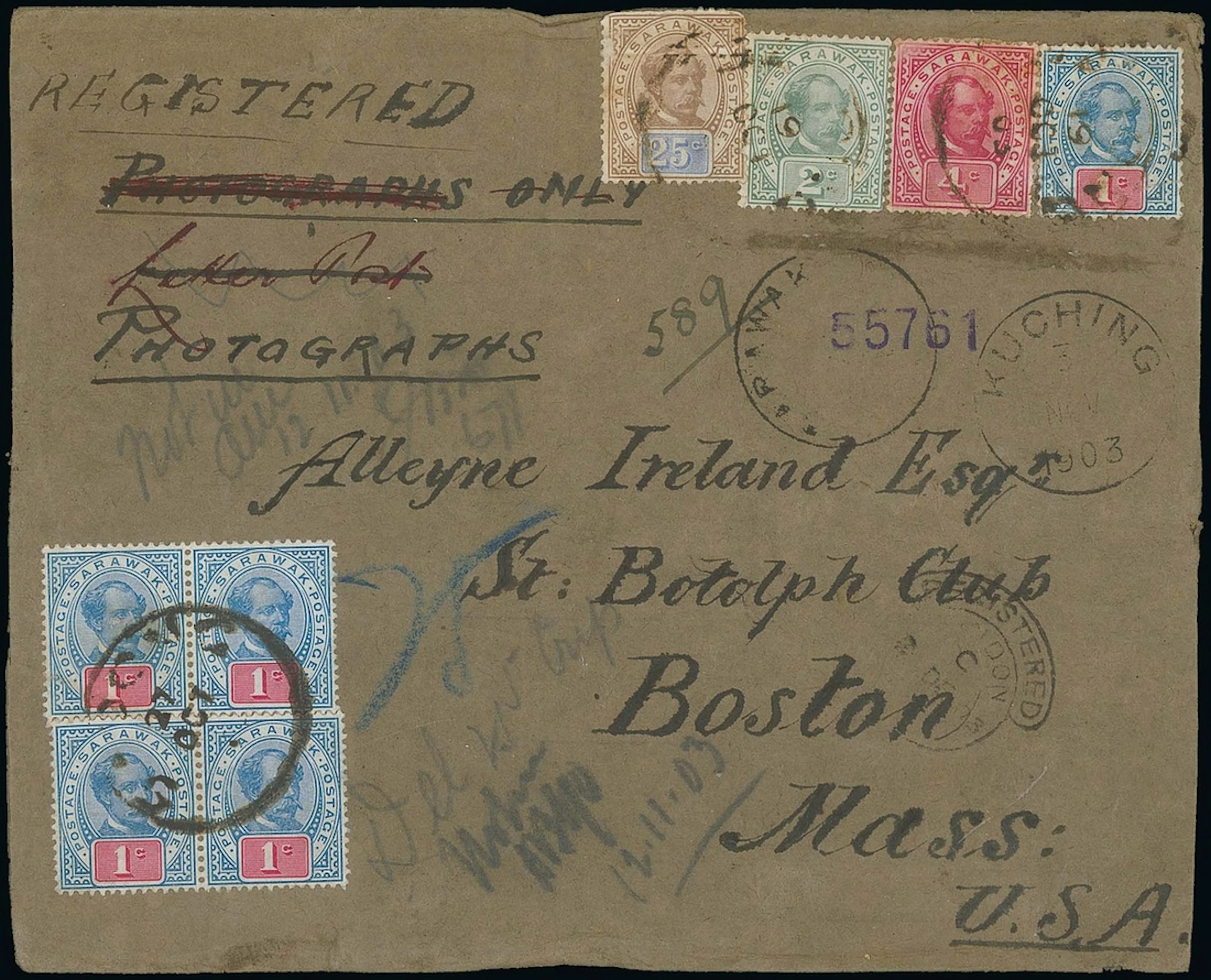 Sarawak 1899-1908 "postage postage" Issue Covers 1903 (27 Oct.) brown
