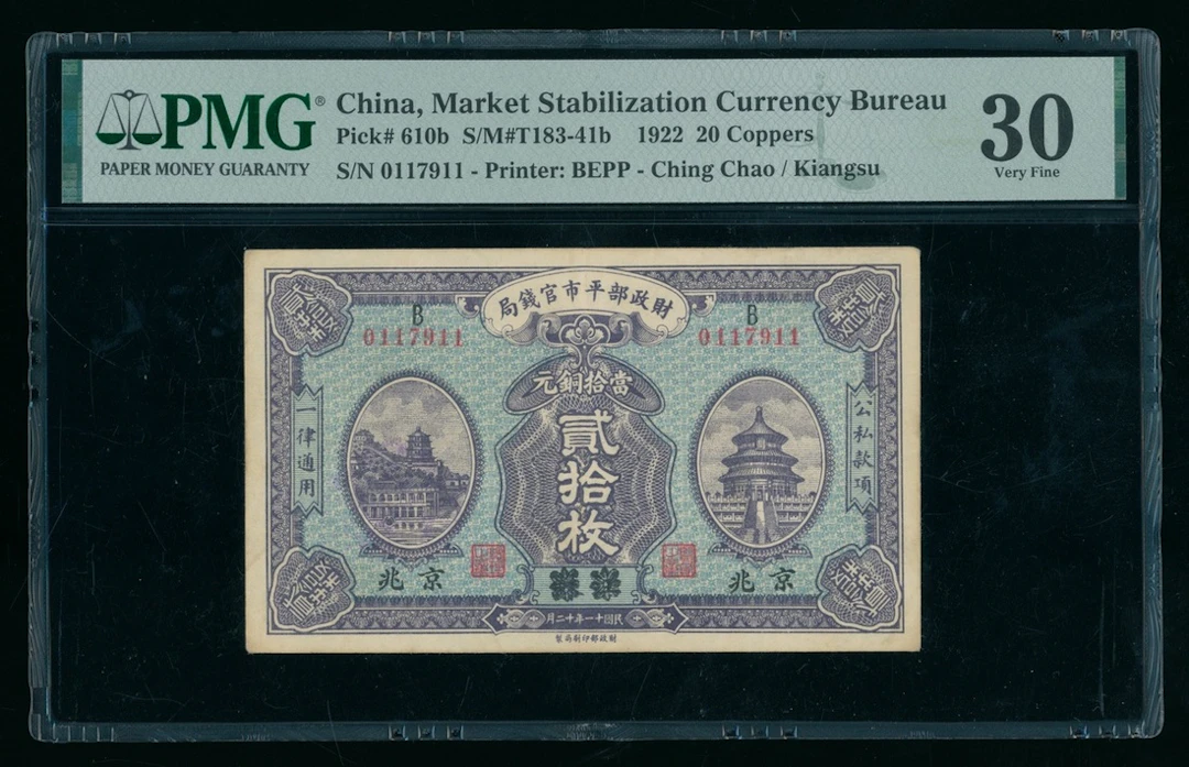 Market Stabilization Currency Bureau, China, 20 coppers, 1922, Ching