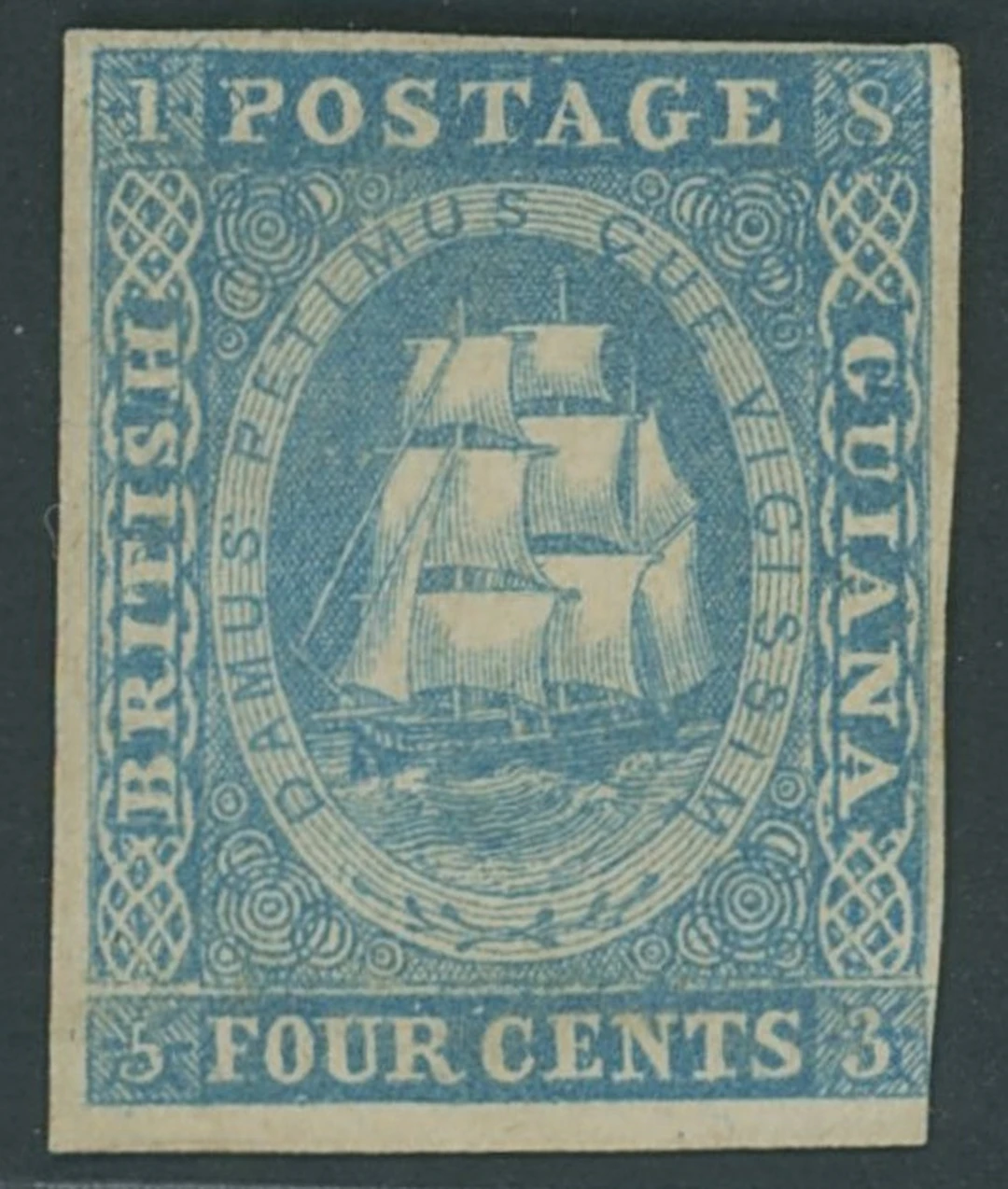 British Guiana 1853-55 4c. blue, three small to good margins, slightly