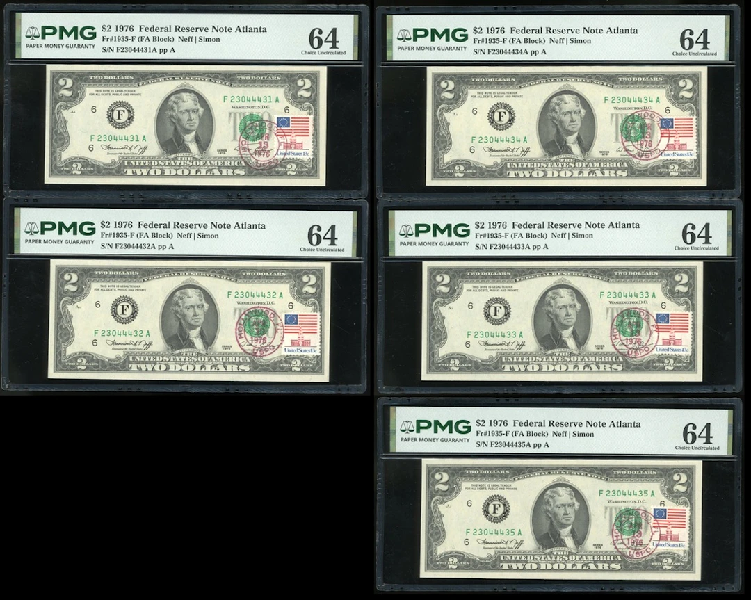 United States, Federal Reserve Note Atlanta, consecutive $2 (5), 1976