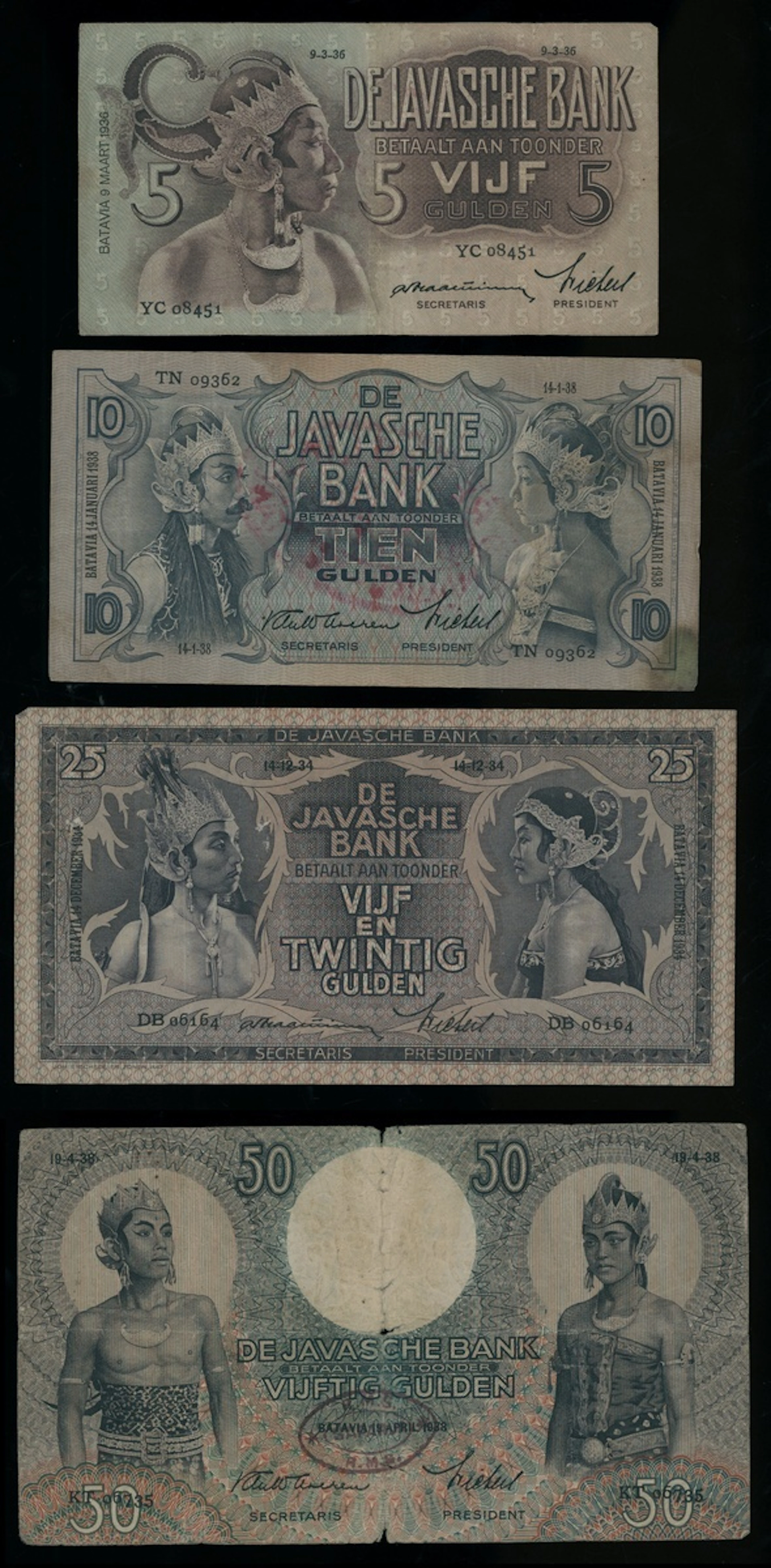 De Javasche Bank, Netherlands Indies, a group of 4x 'dancer' series