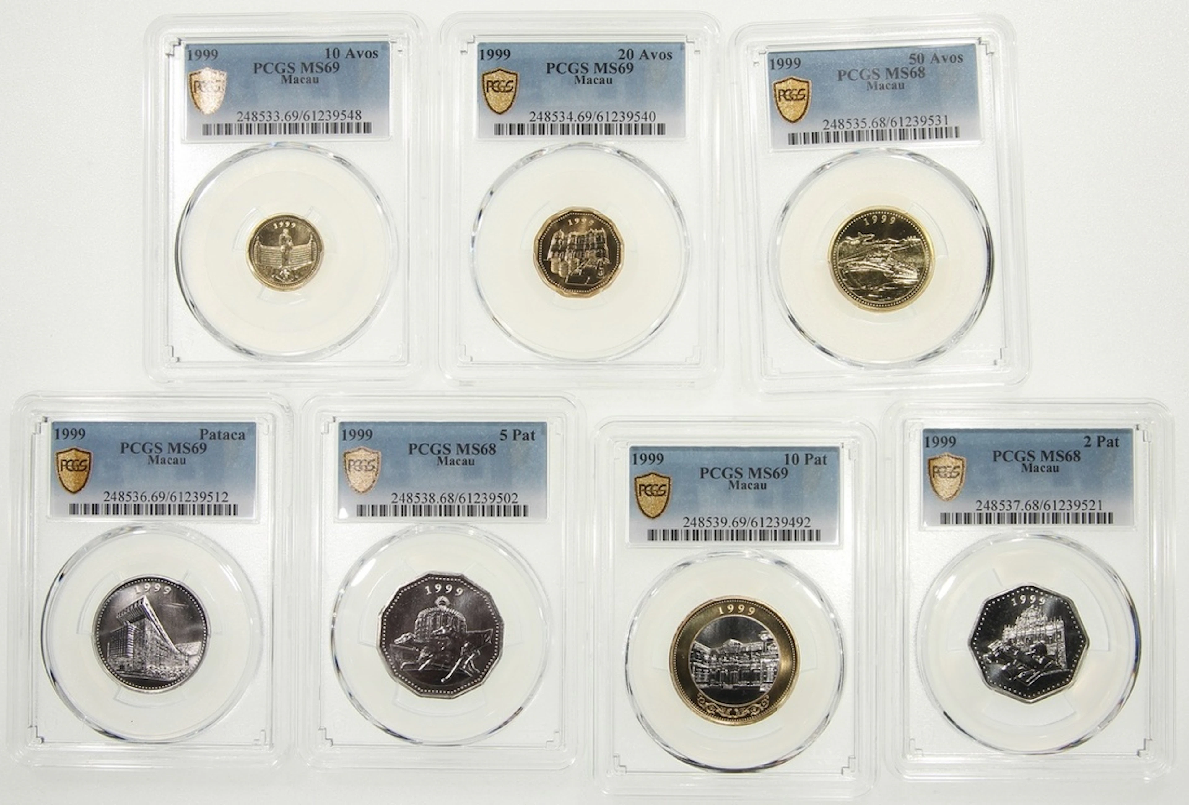 Macau, [PCGS MS68-69] a set of 1999 issue, including 10, 20, 50 avos