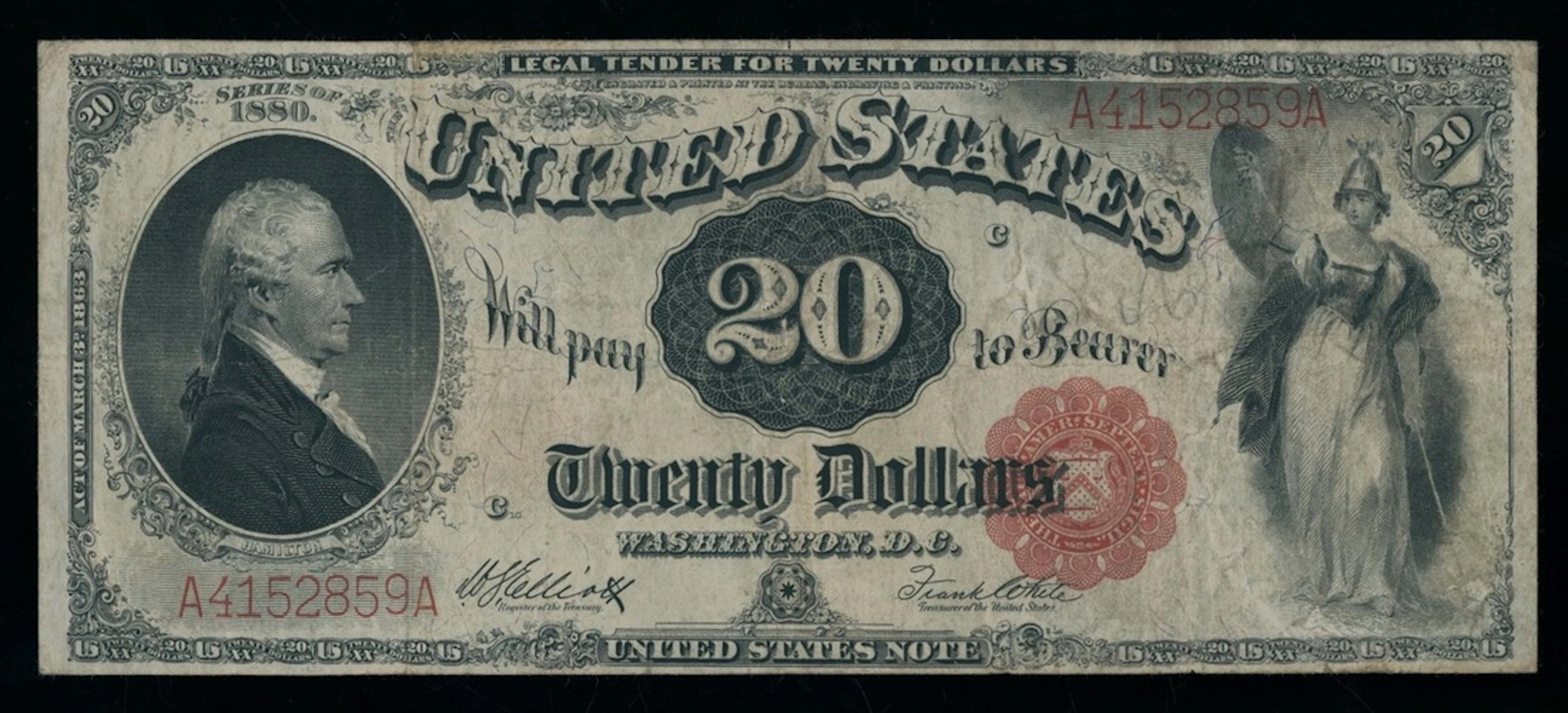 United States, Legal Tender, $20, 1880, serial number A4152859A