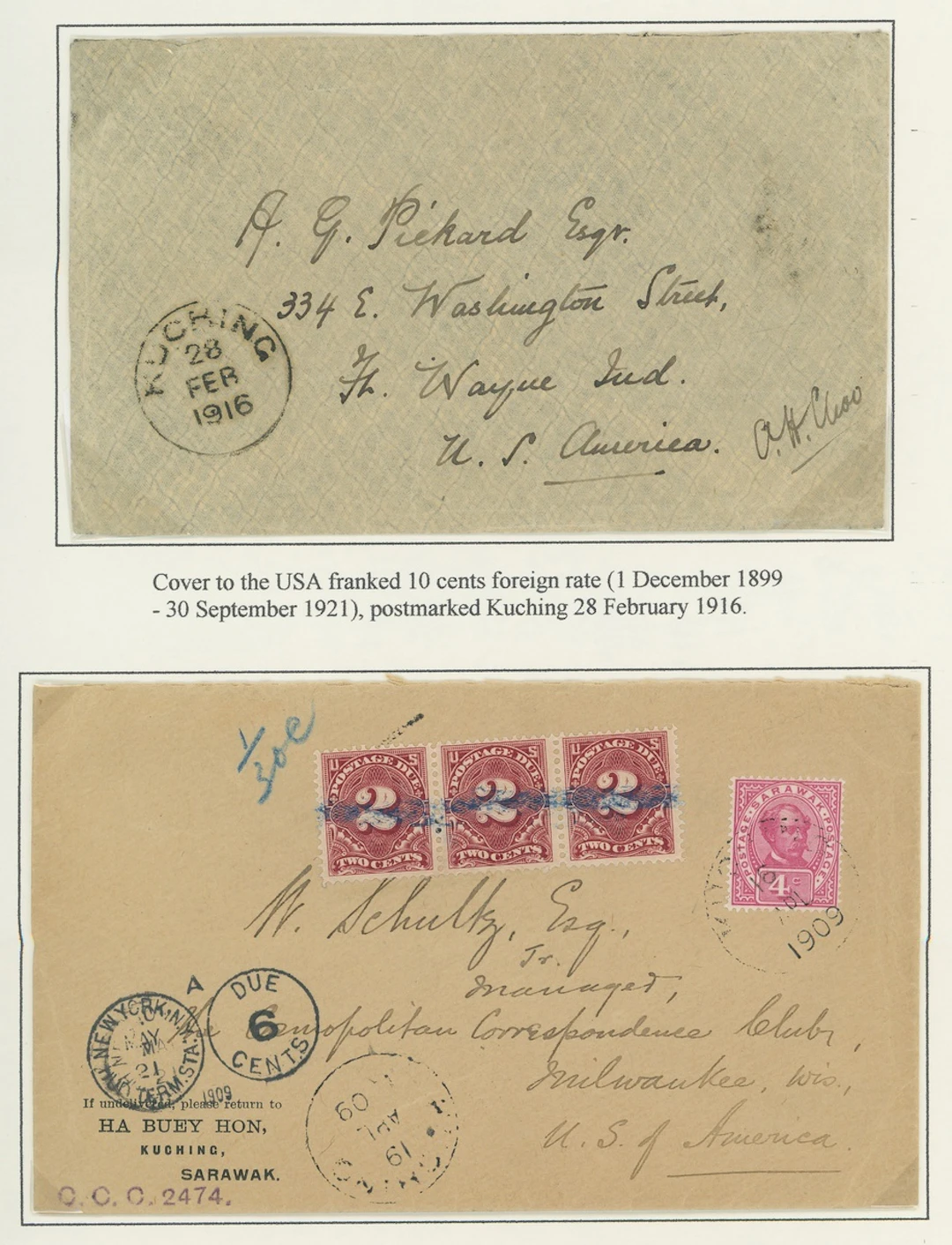 Sarawak 1899-1908 "postage postage" Issue Covers 1909 (16 Apr.) envelope