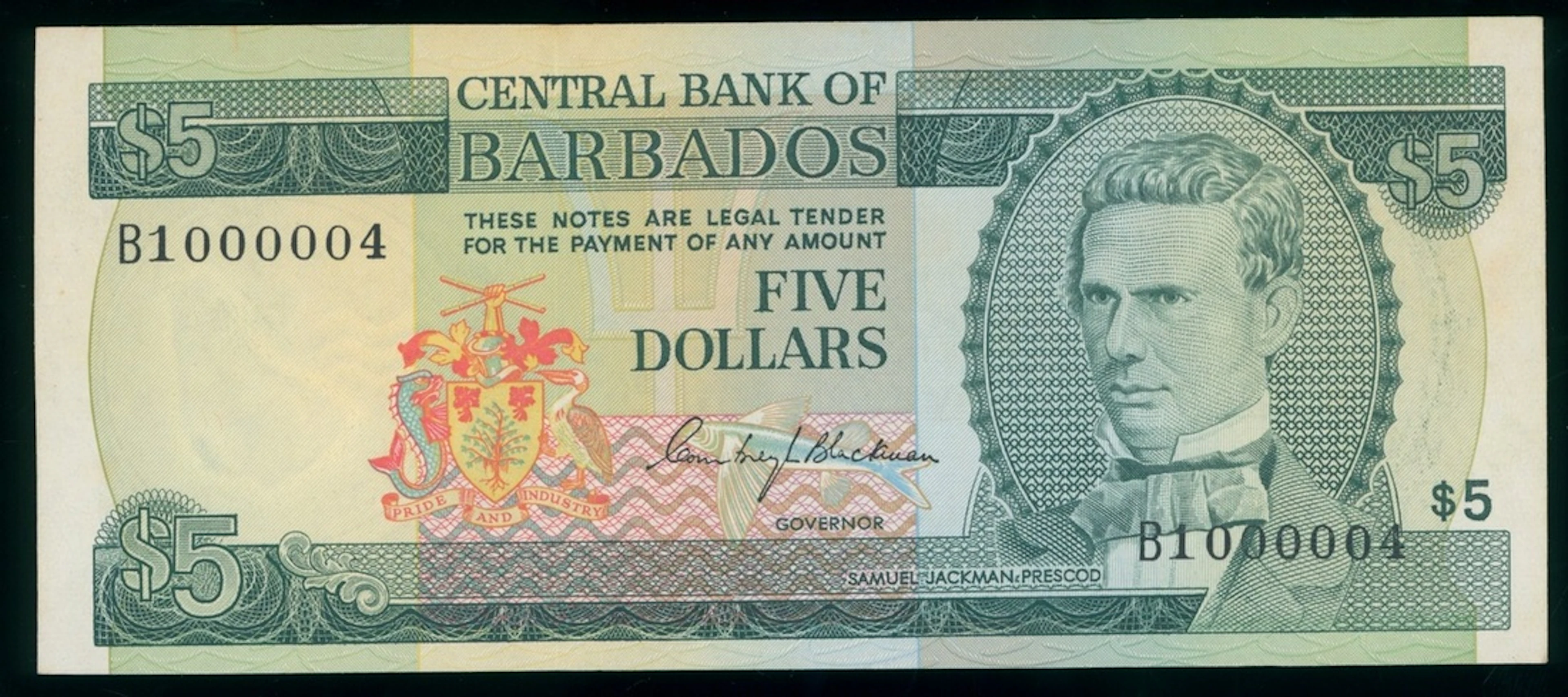 Central Bank of Barbados, $5, ND (1973), low serial number B1 000004