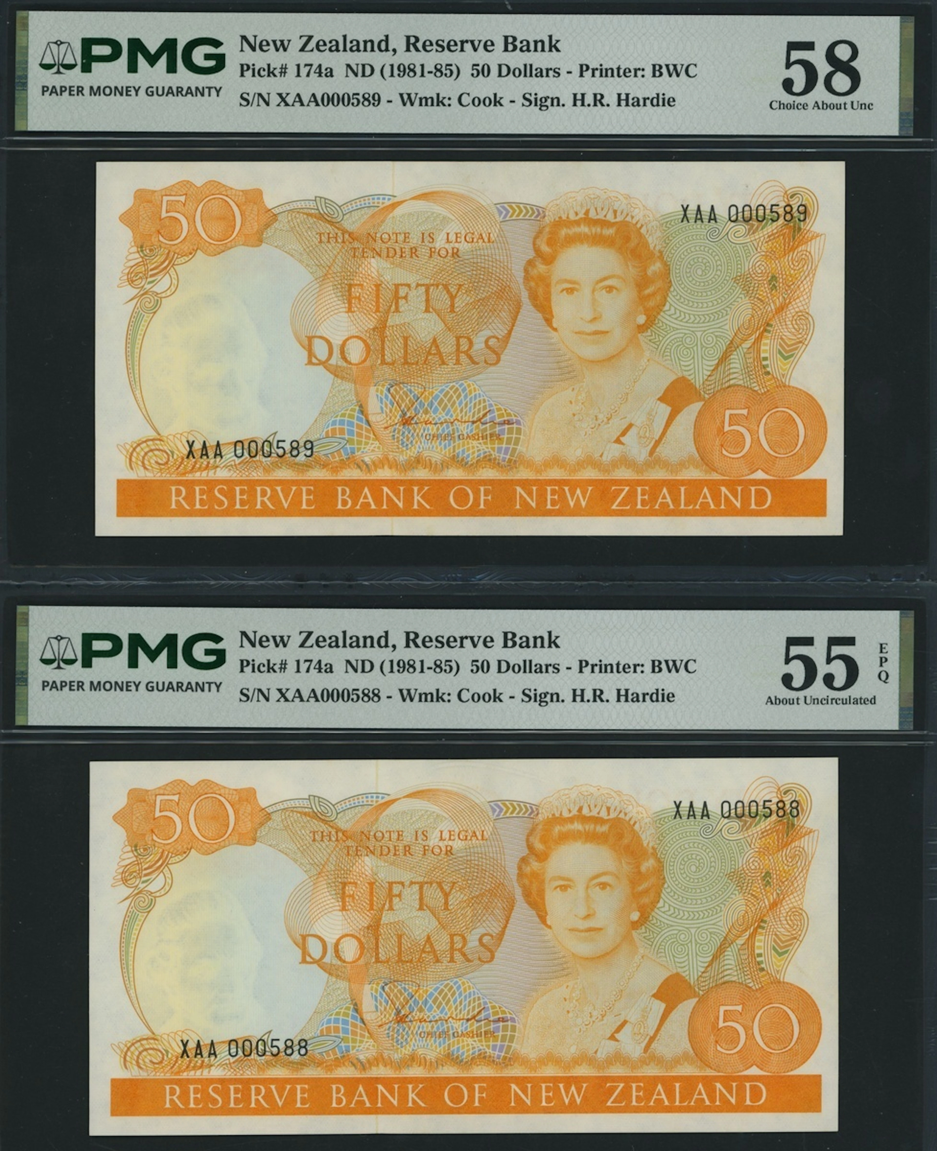 Reserve Bank of New Zealand, [2 notes] 50 Dollars, ND (1981-85), consecutive