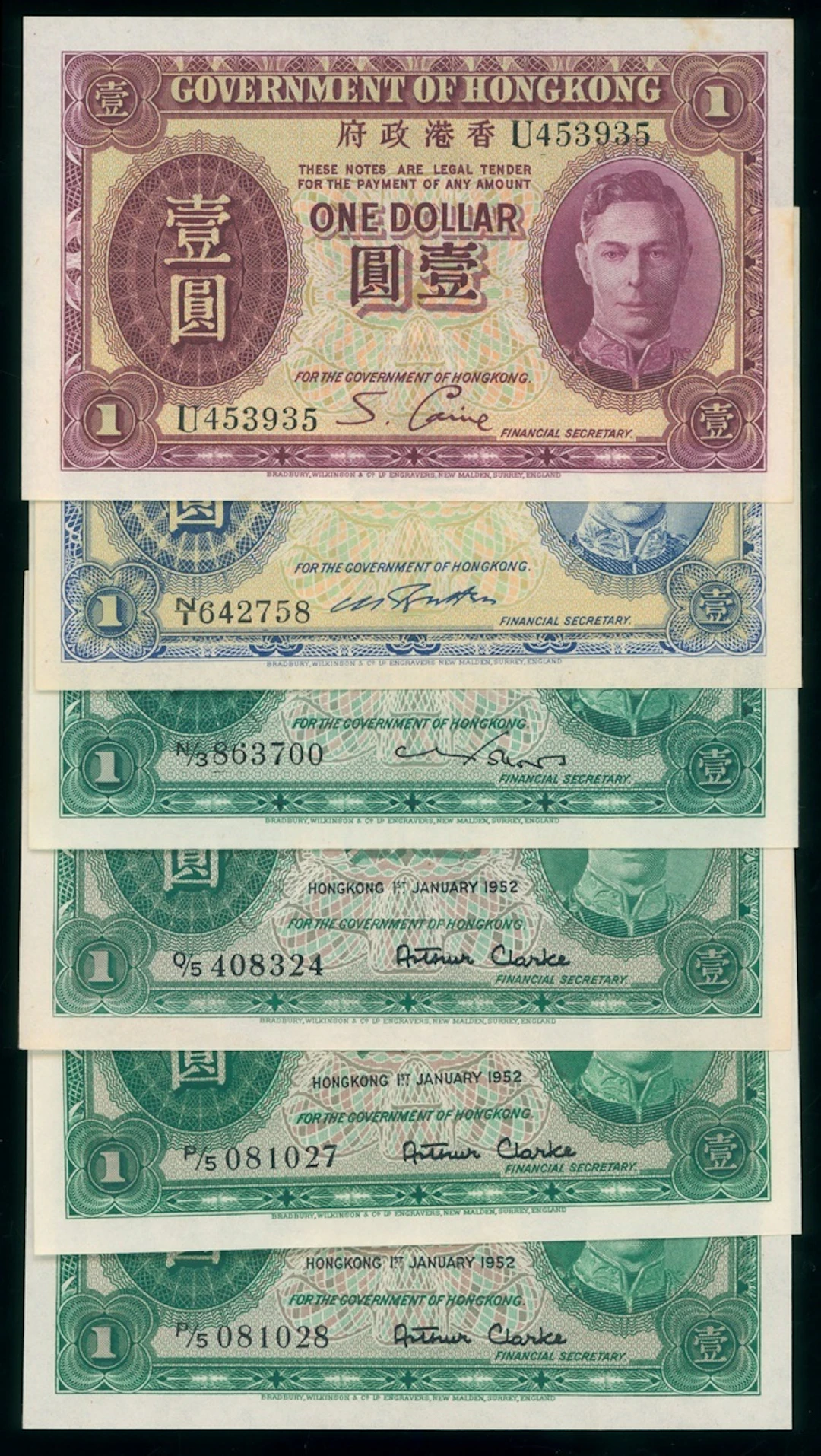 Government of HongKong, $1 (6), ND (1935) (1), ND (1940) (1), 1949