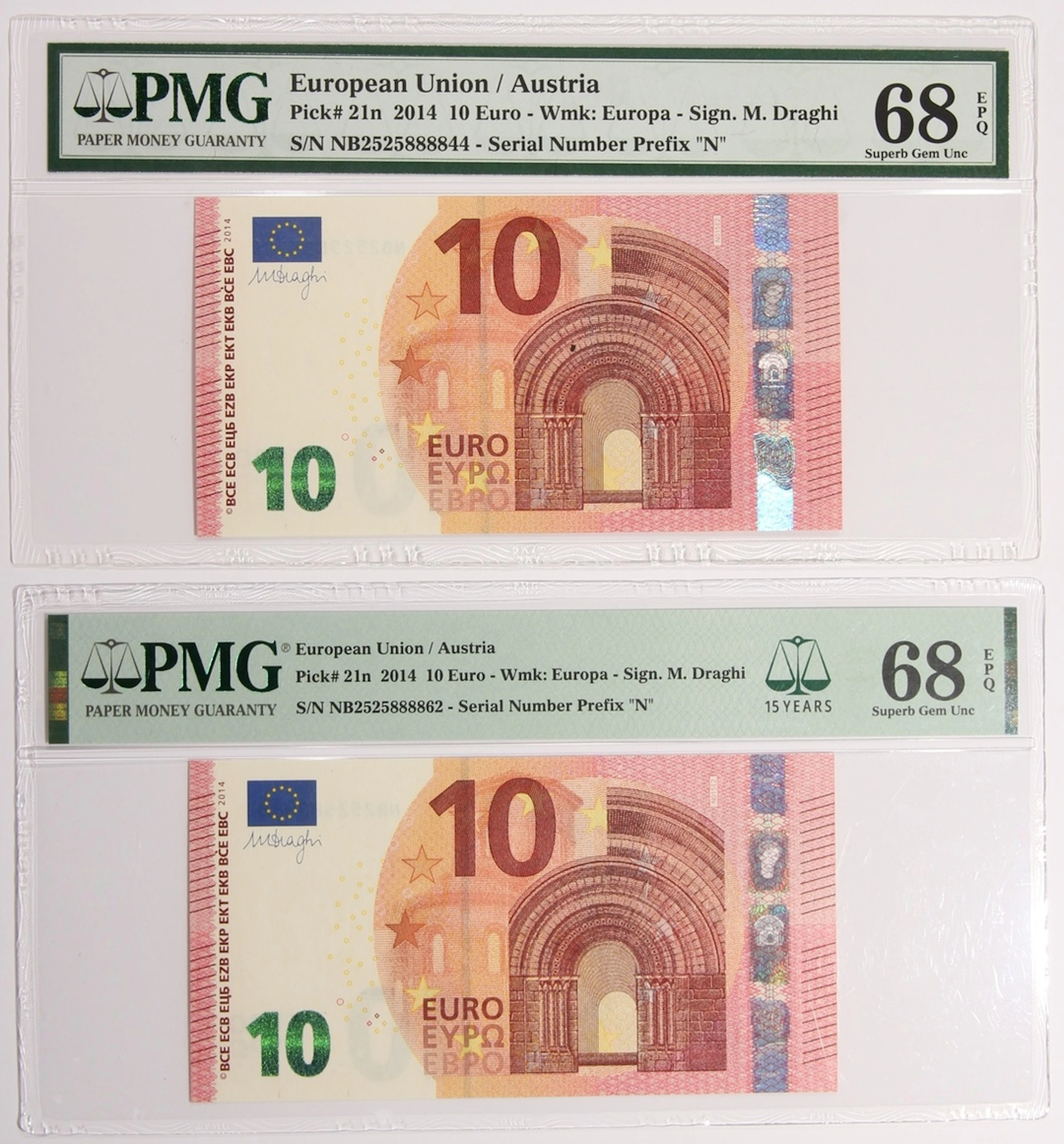 European Union, 10 euro (2), 2014, Austria, serial numbers NB2525888844