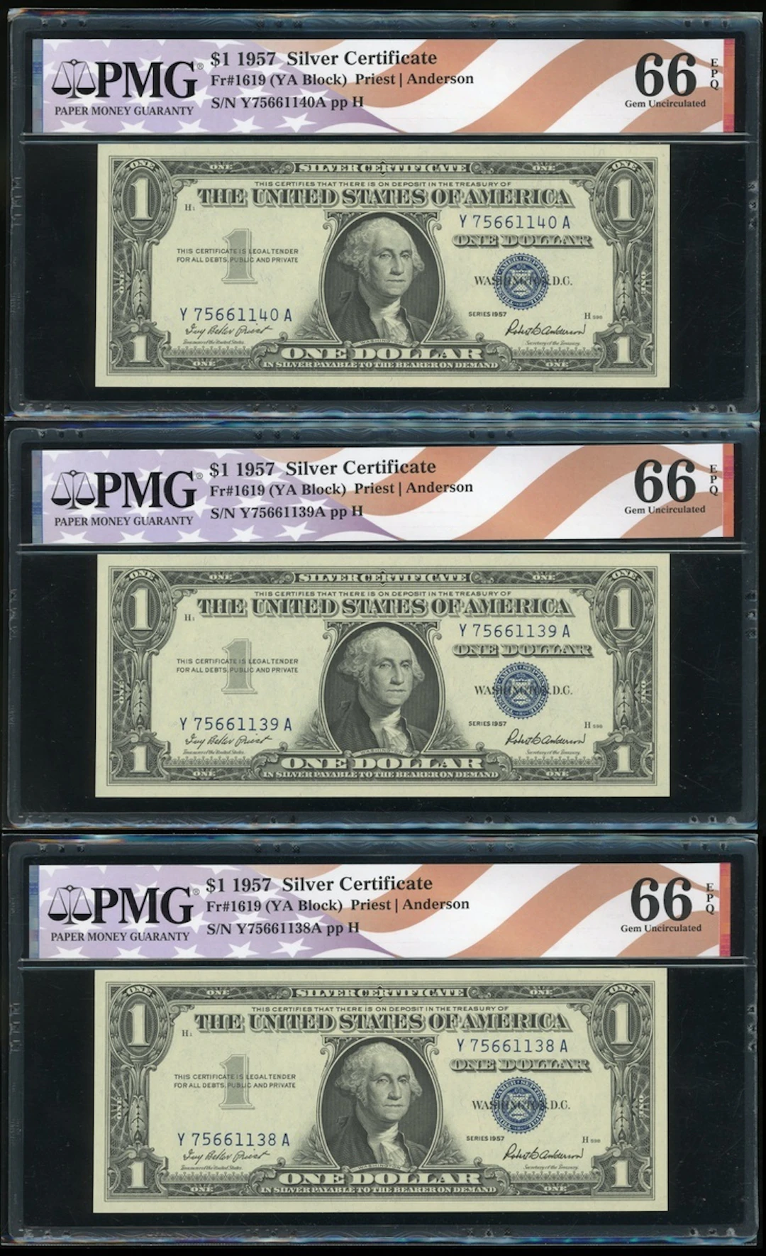 United States, Silver Certificate, consecutive $1 (3), 1957, serial