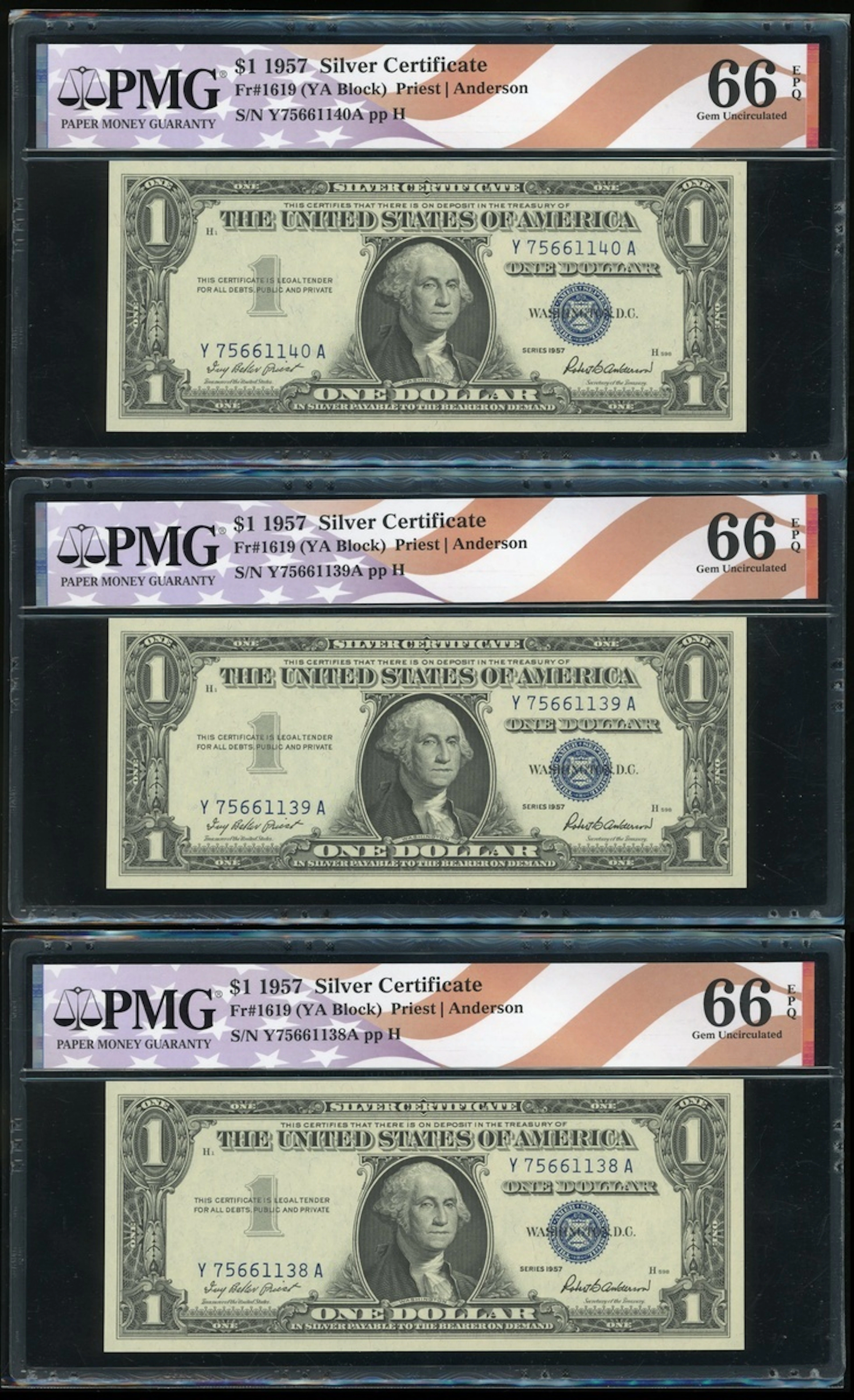 United States, Silver Certificate, consecutive $1 (3), 1957, serial