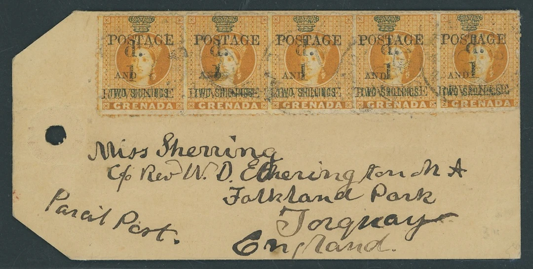 Grenada Issued Stamps 1890 (Dec.) 1d. on 2/- orange strip of five