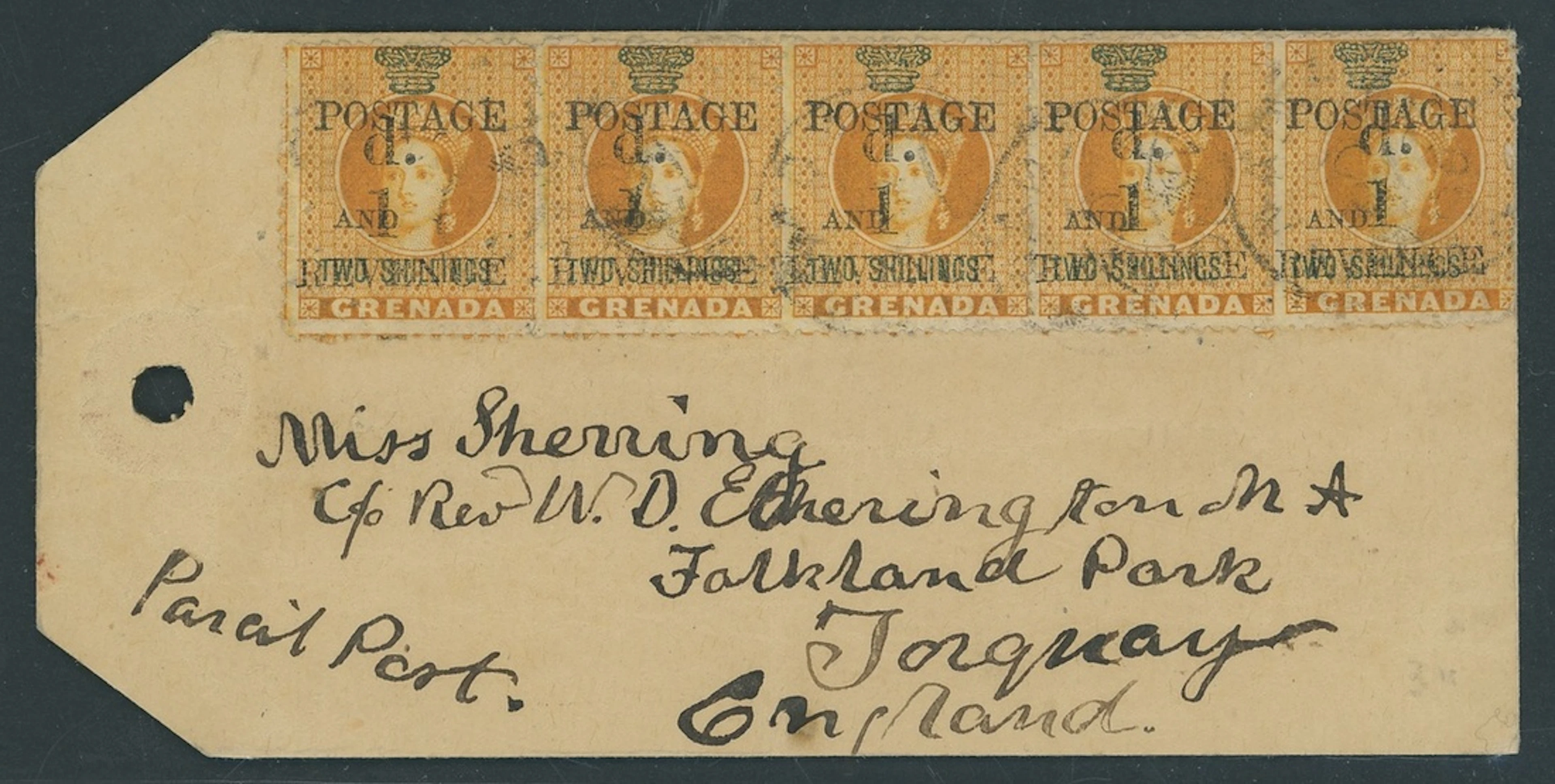 Grenada Issued Stamps 1890 (Dec.) 1d. on 2/- orange strip of five