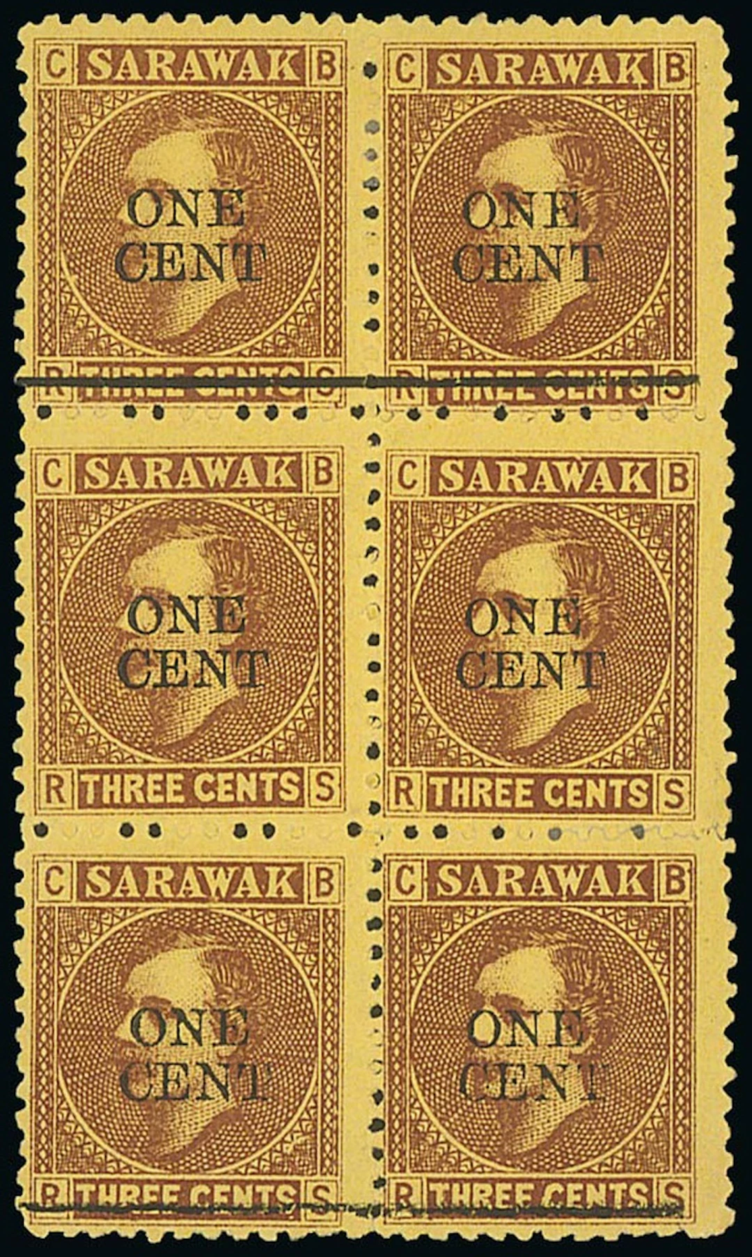 Sarawak 1892 (23 May) 1c. on 3c. Provisional "one/cent" on 3c. brown