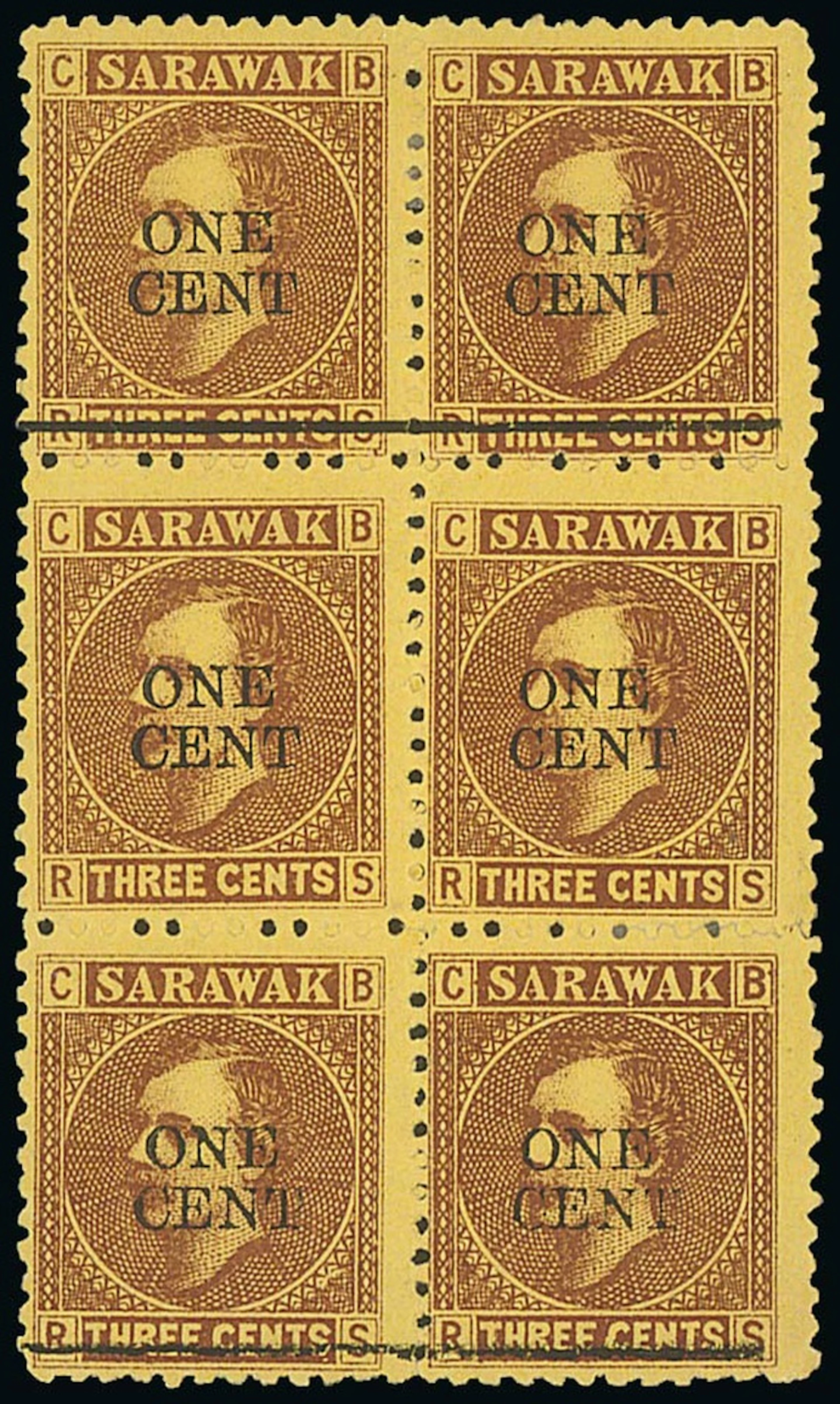 Sarawak 1892 (23 May) 1c. on 3c. Provisional "one/cent" on 3c. brown