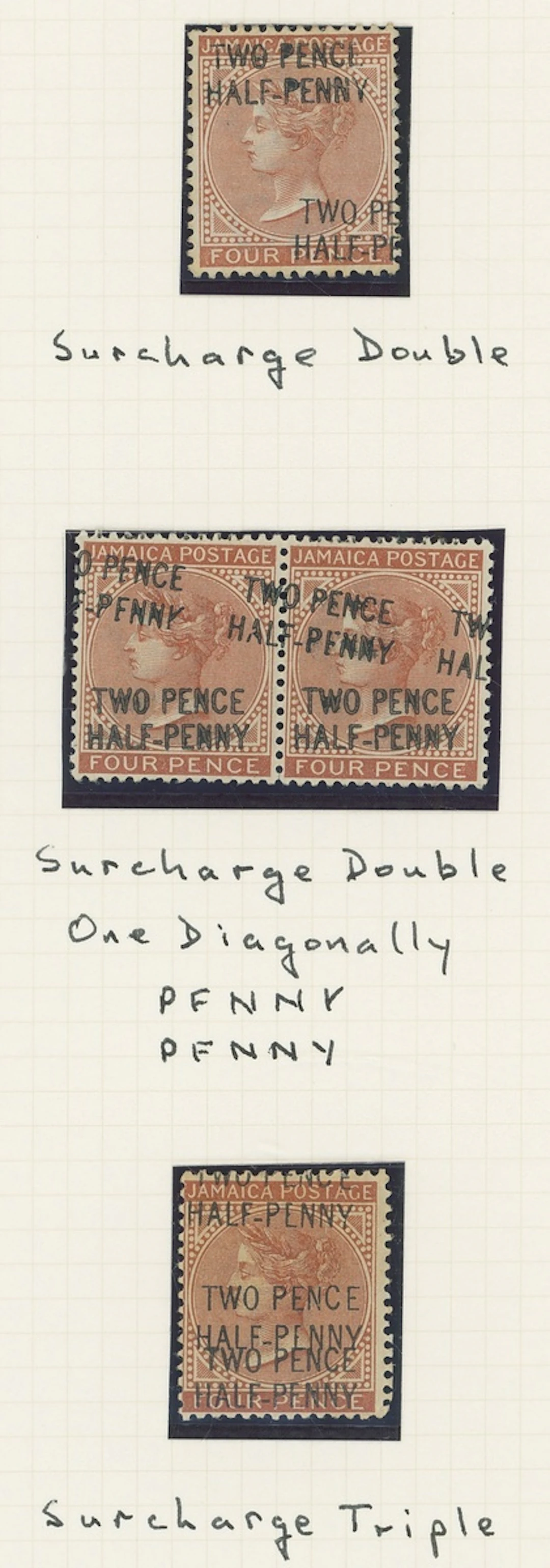 Jamaica 1890 Surcharge mint group comprising an example surcharge