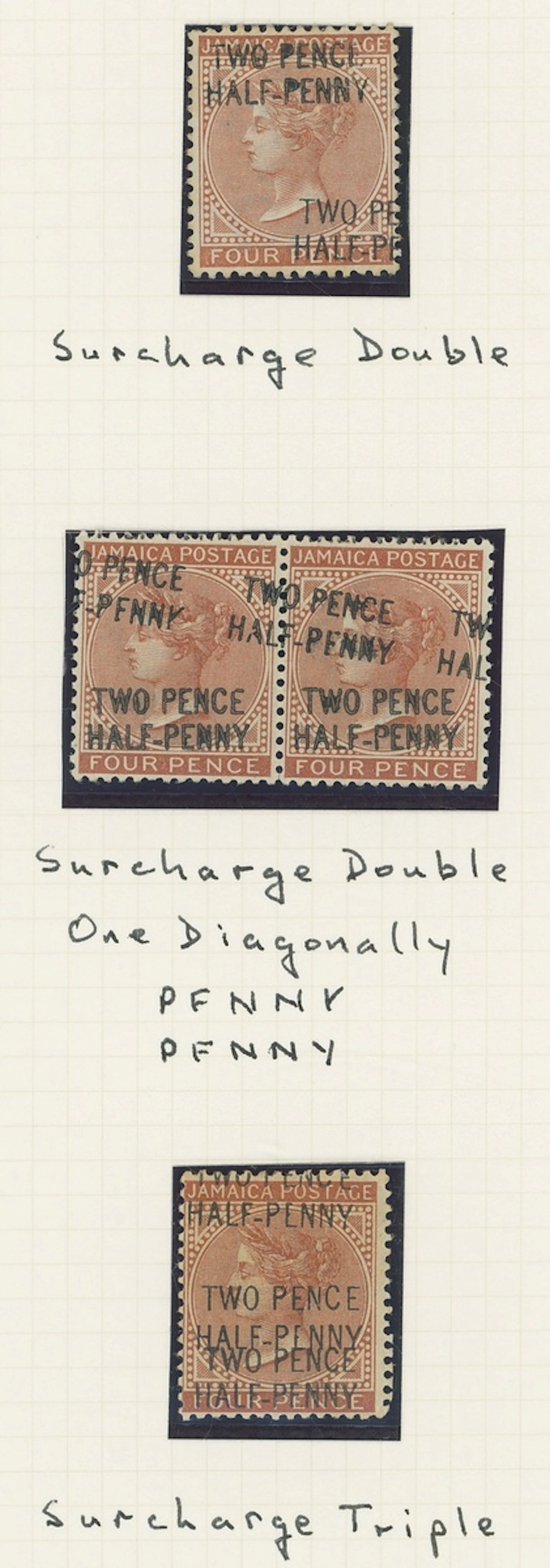 Jamaica 1890 Surcharge mint group comprising an example surcharge
